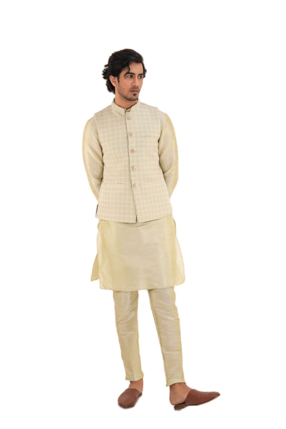 Timeless Lucknavi Chikan Work Nehru Jacket Light Green