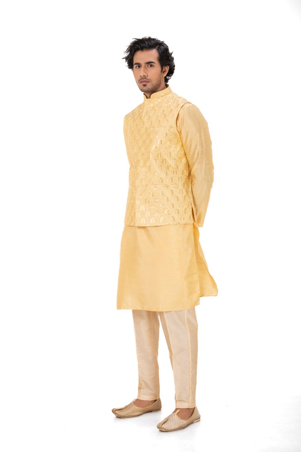 Sequins Embroidered Satin Nehru Jacket Yellow