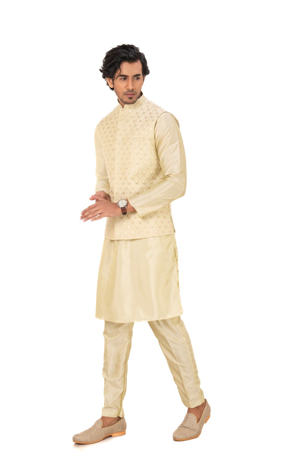 Lucknavi Chikankari Emroidered Nehru Jacket Lemon Green