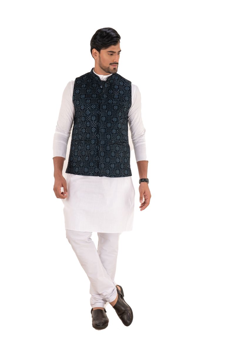 Sequins Embroidered Velvet Nehru Jacket Blue