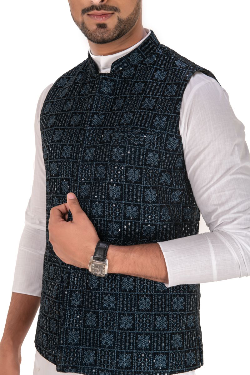 Sequins Embroidered Velvet Nehru Jacket