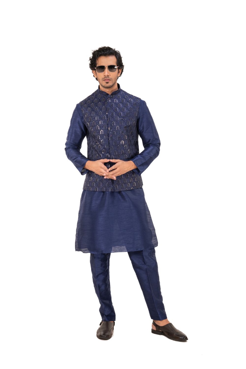 Sequins Embroidered Satin Nehru Jacket Navy Blue