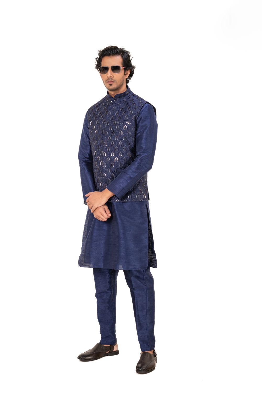 Sequins Embroidered Satin Nehru Jacket Navy Blue
