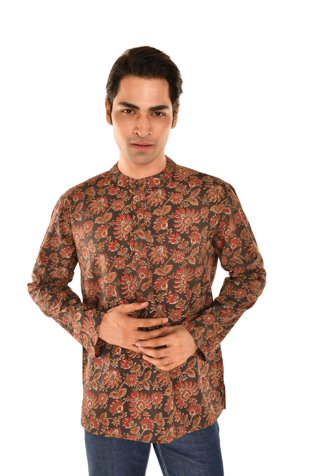 Brown Bagru Print Short Kurta with Ethnic Motifs Brown