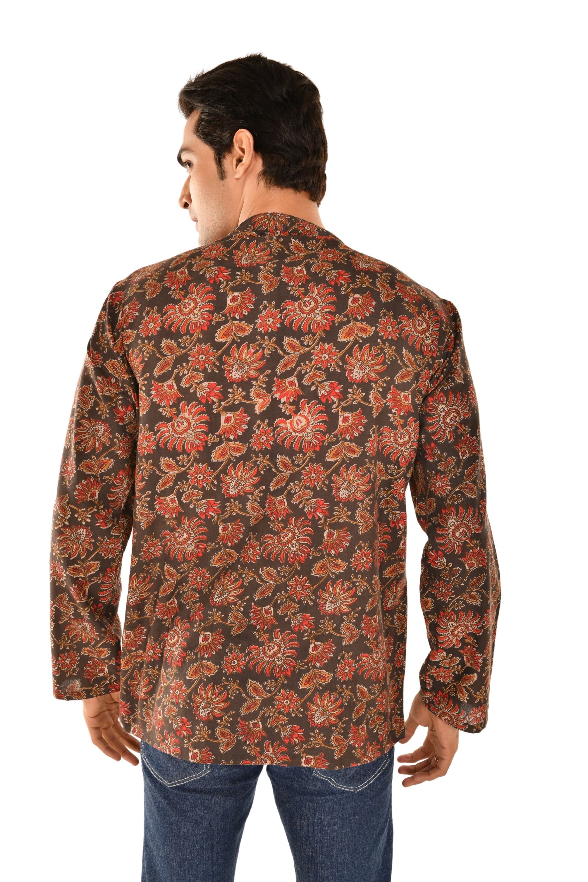 Brown Bagru Print Short Kurta with Ethnic Motifs