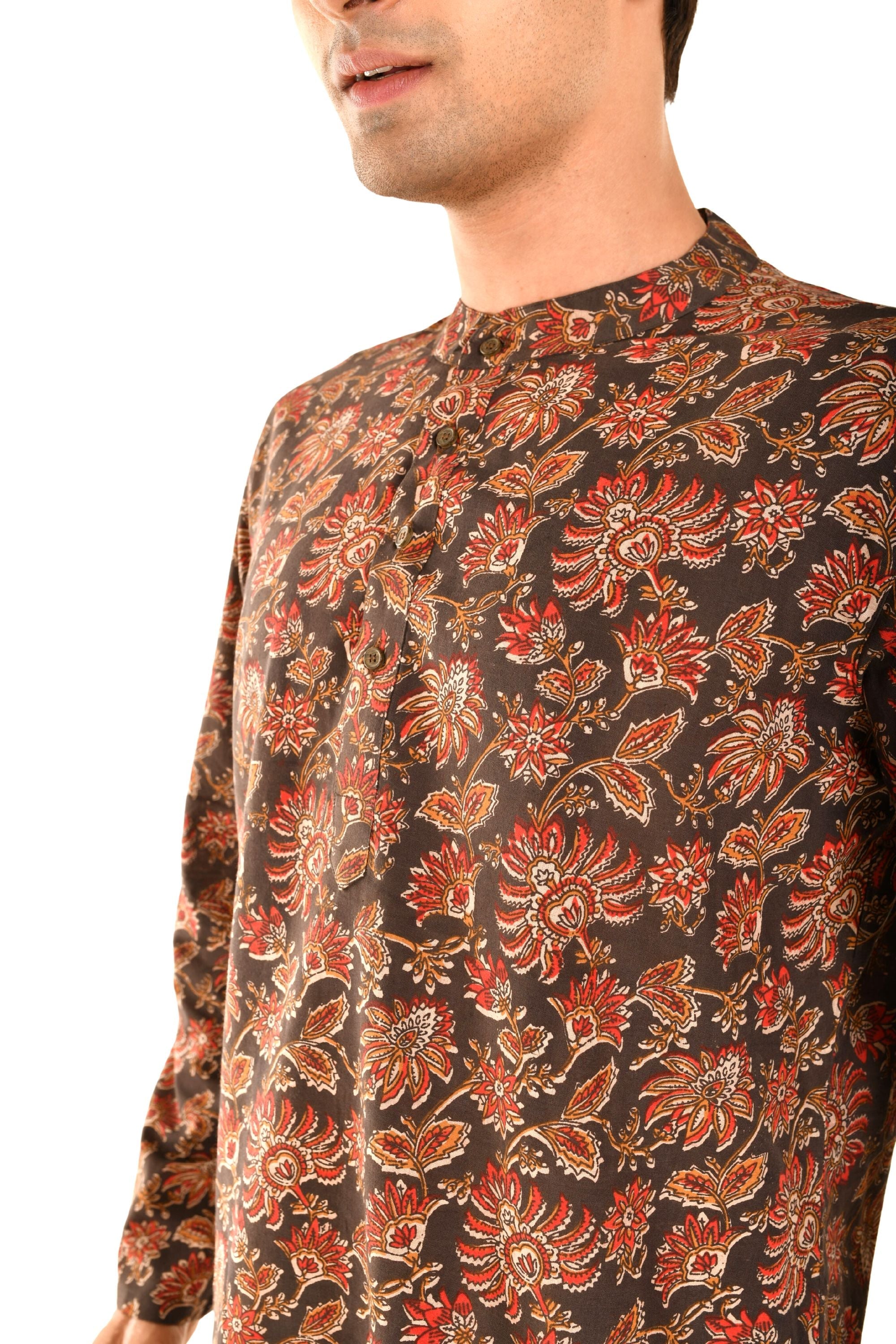 Brown Bagru Print Short Kurta with Ethnic Motifs