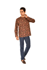 Brown Bagru Print Short Kurta with Ethnic Motifs