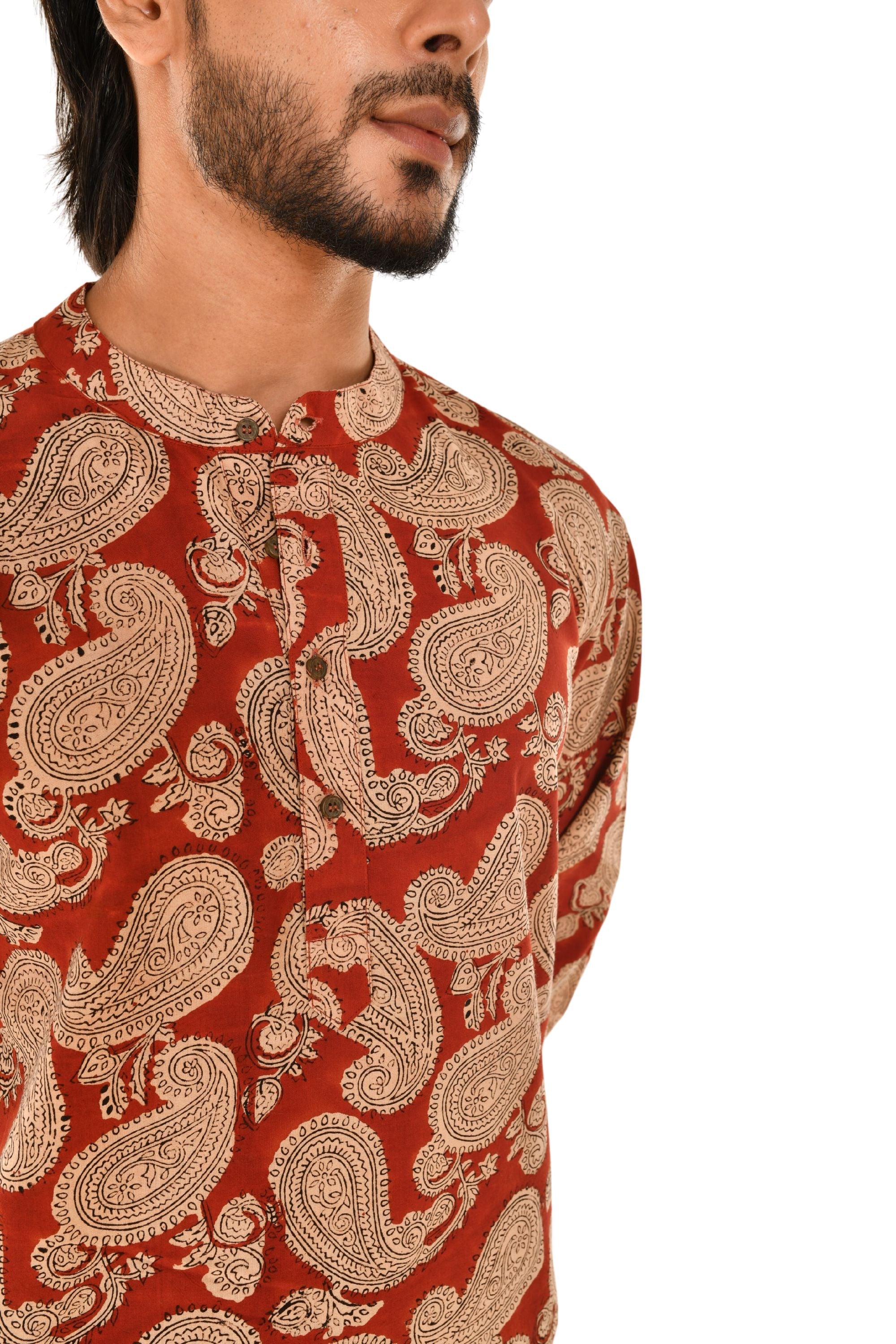 Red Sanganeri Print Short Kurta with Ethnic Motifs