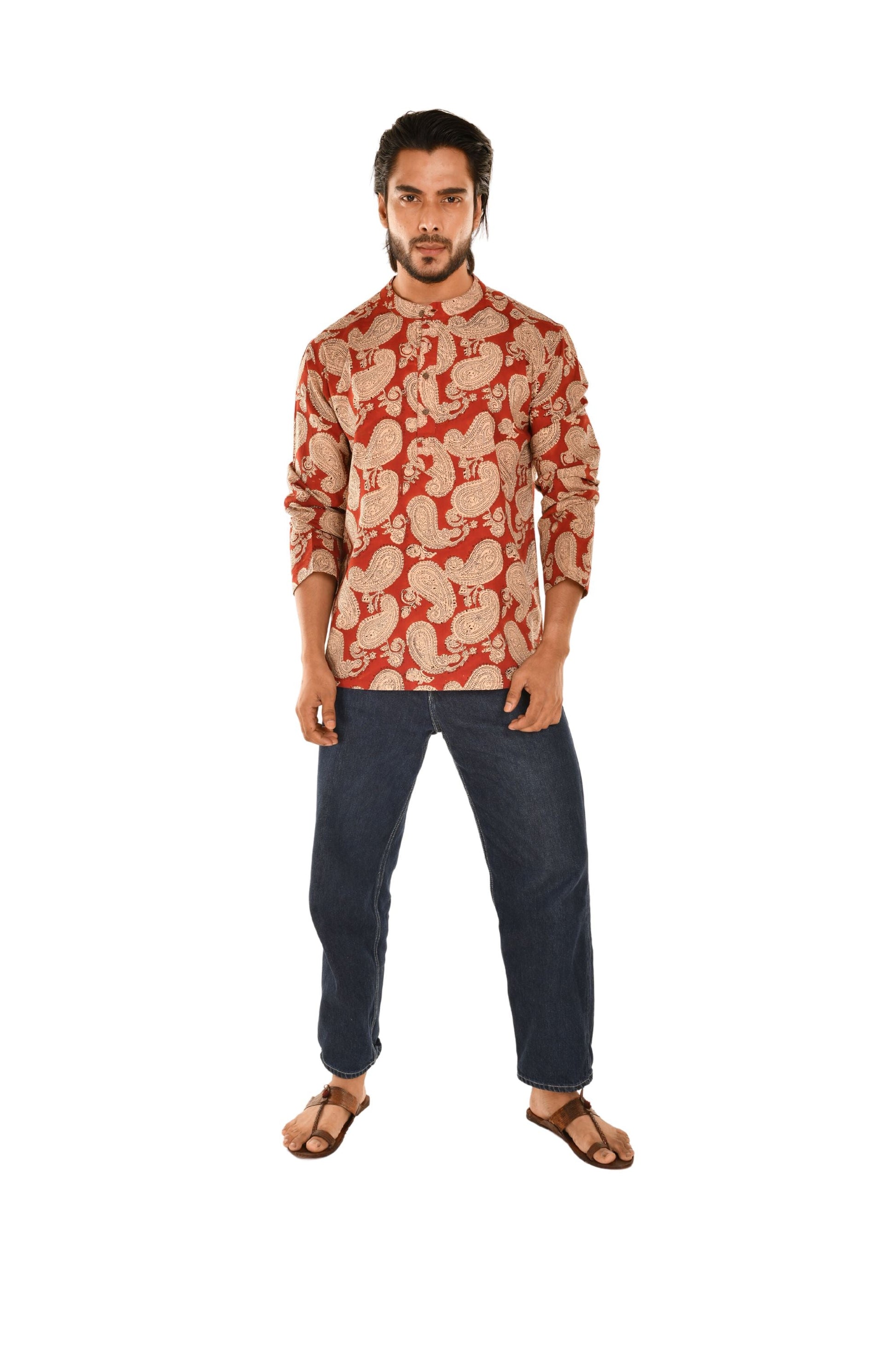 Red Sanganeri Print Short Kurta with Ethnic Motifs Red