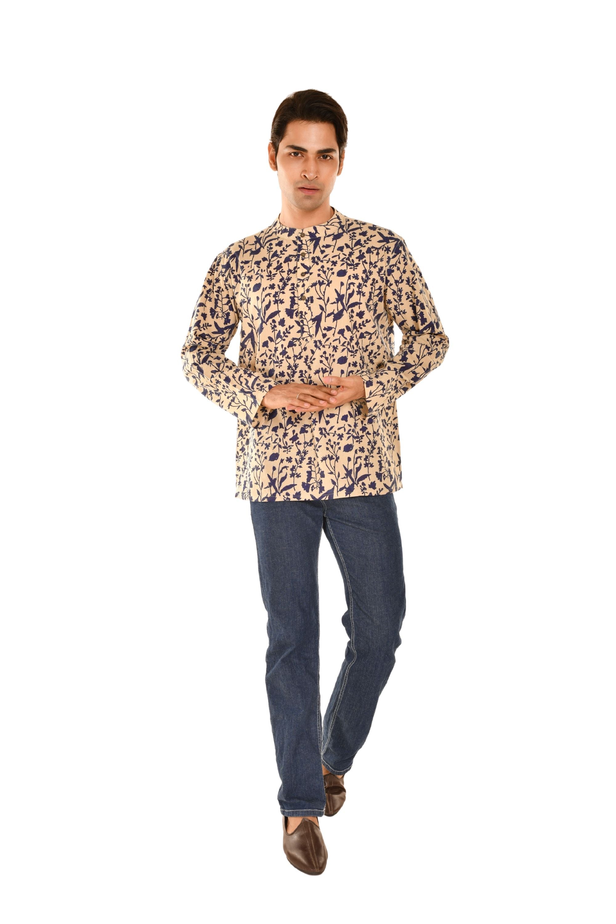 Cream and Blue Jaipuri Print Short Kurta Cream