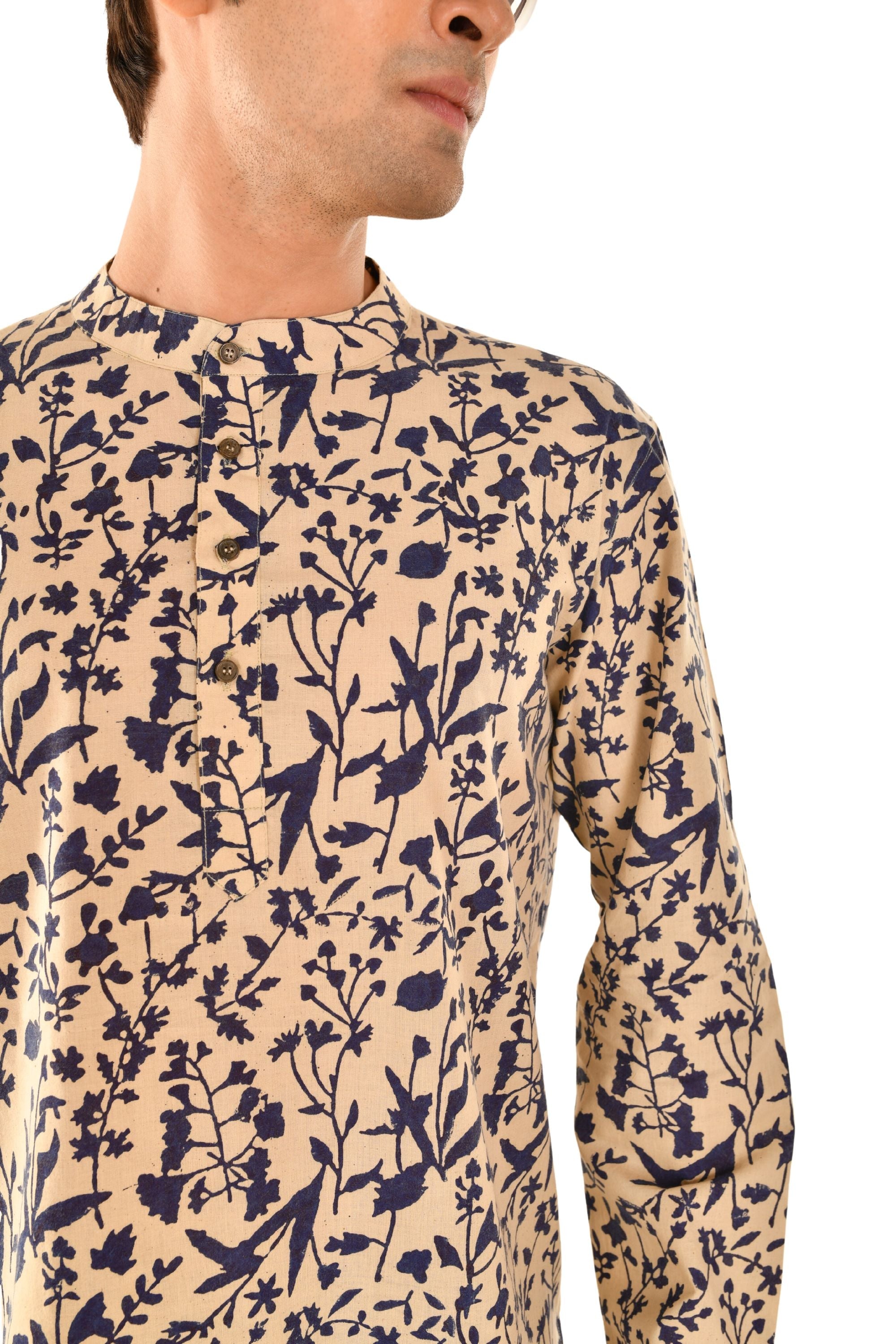 Cream and Blue Jaipuri Print Short Kurta