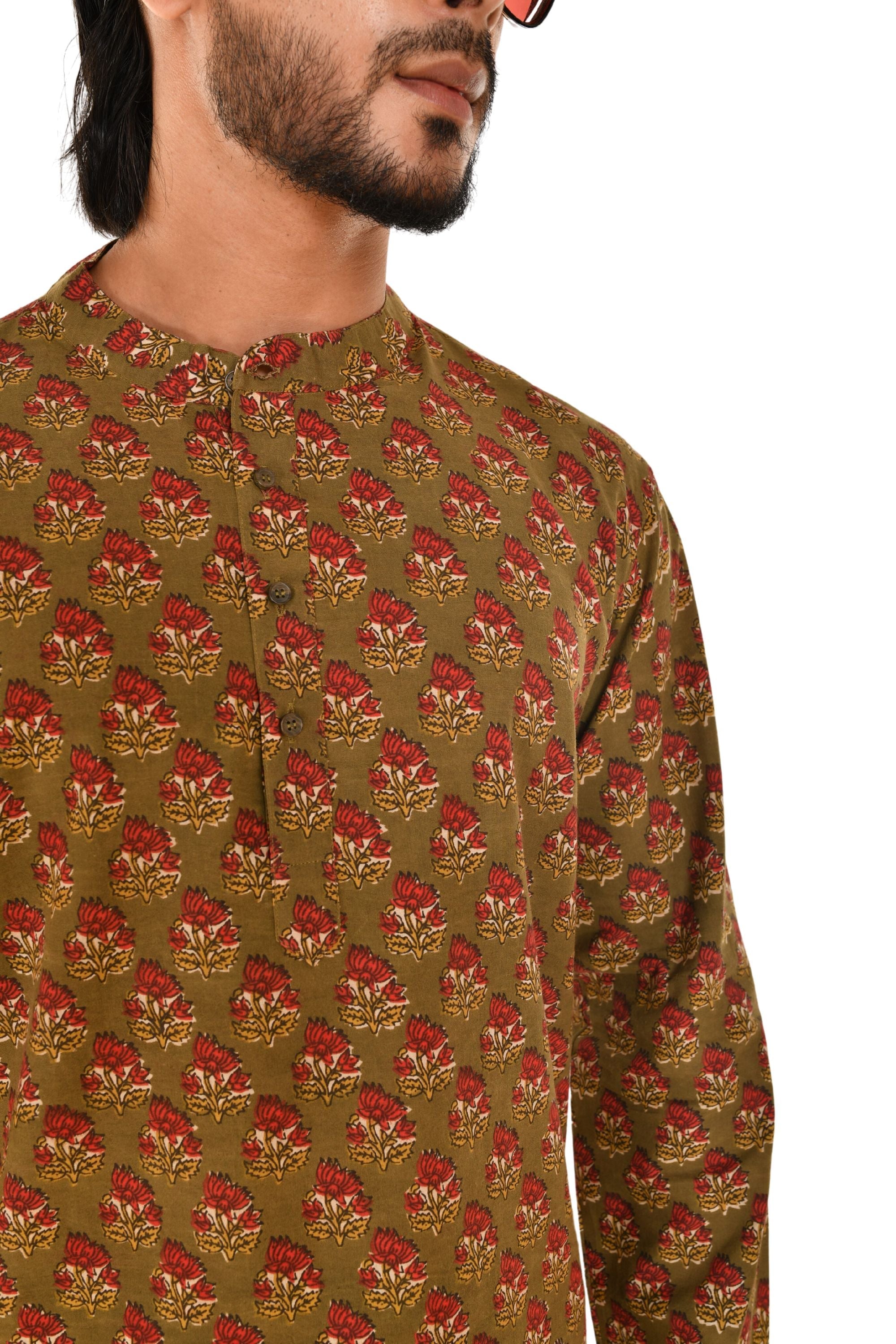 Olive Green Floral Motif Printed Short Kurta