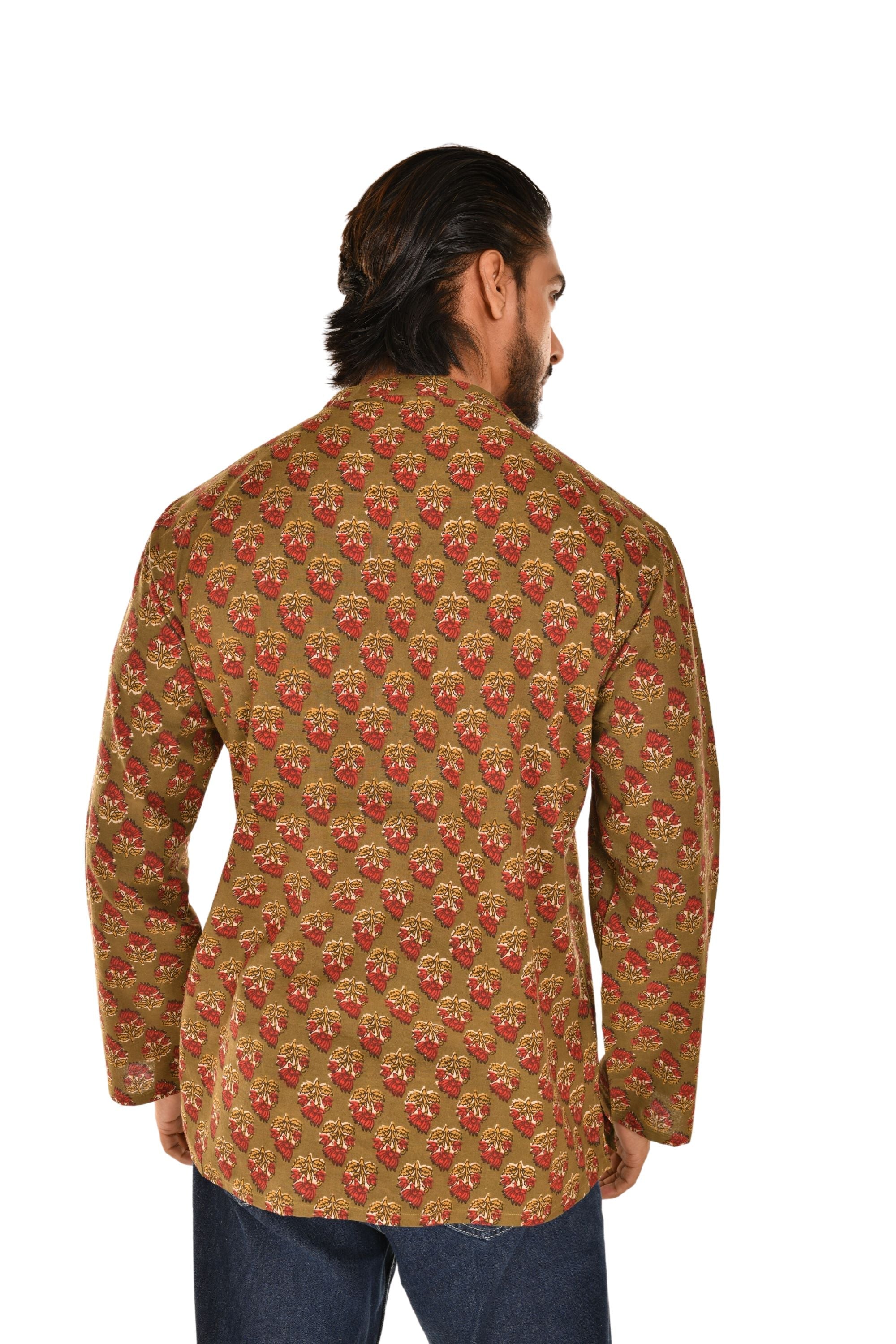 Olive Green Floral Motif Printed Short Kurta