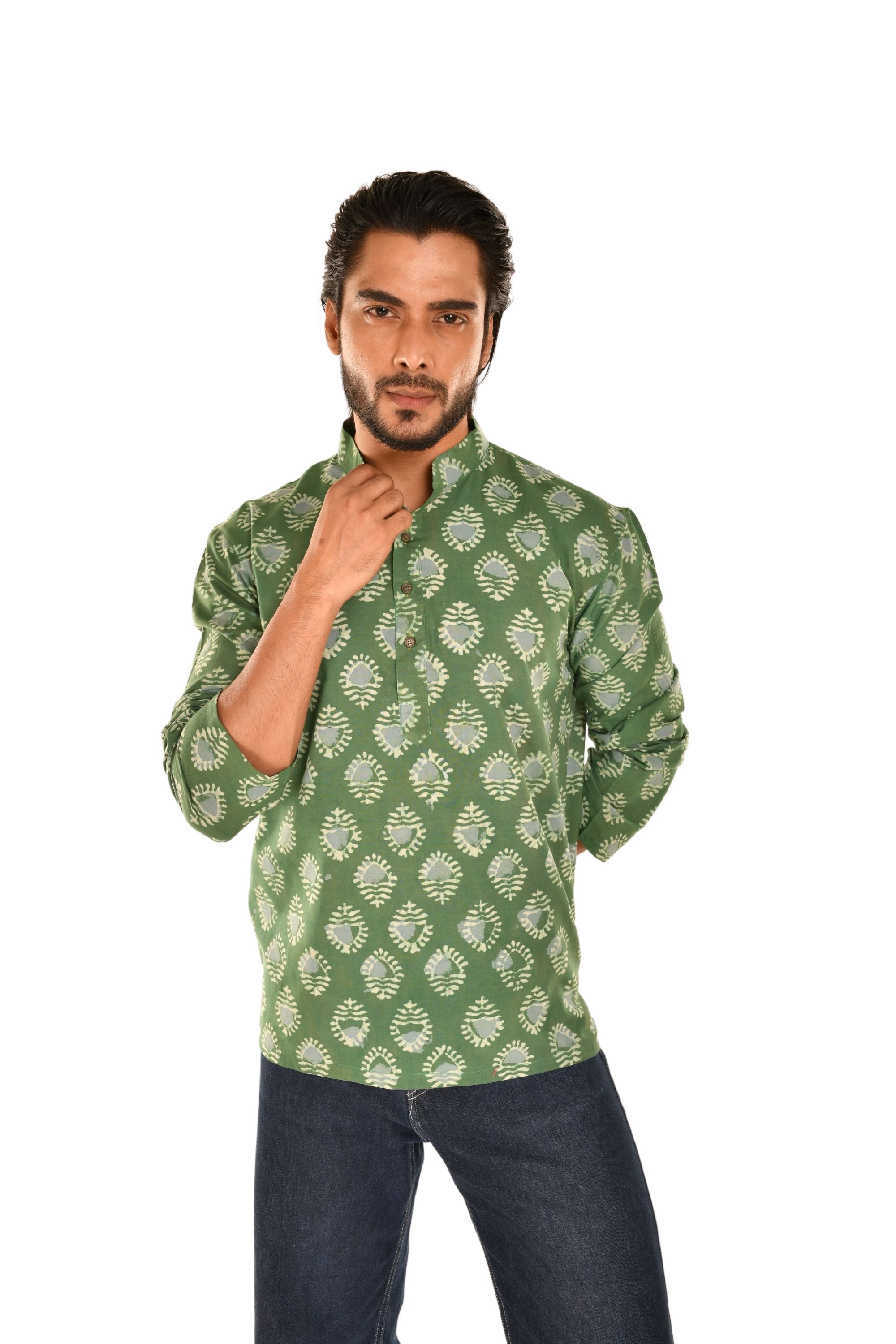 Green Sanganeri Printed Short Kurta