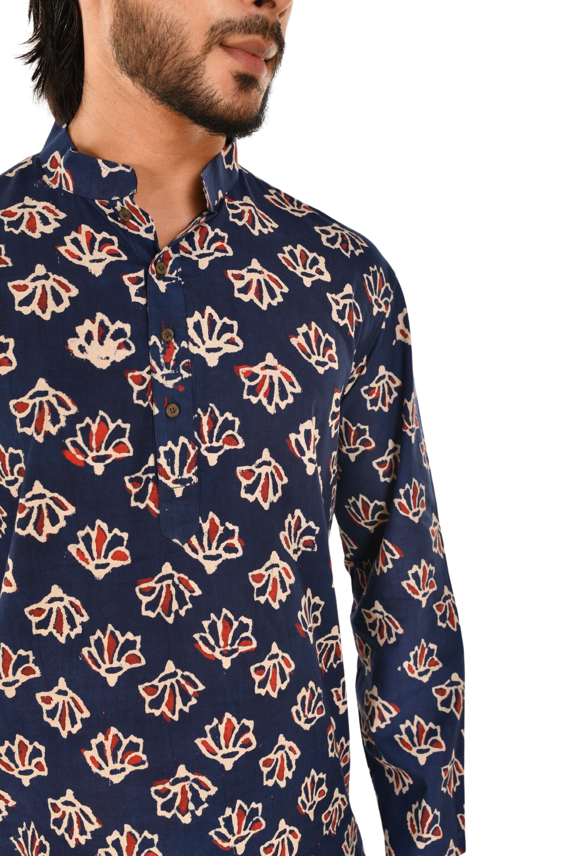 Navy Blue Jaipuri Print Short Kurta