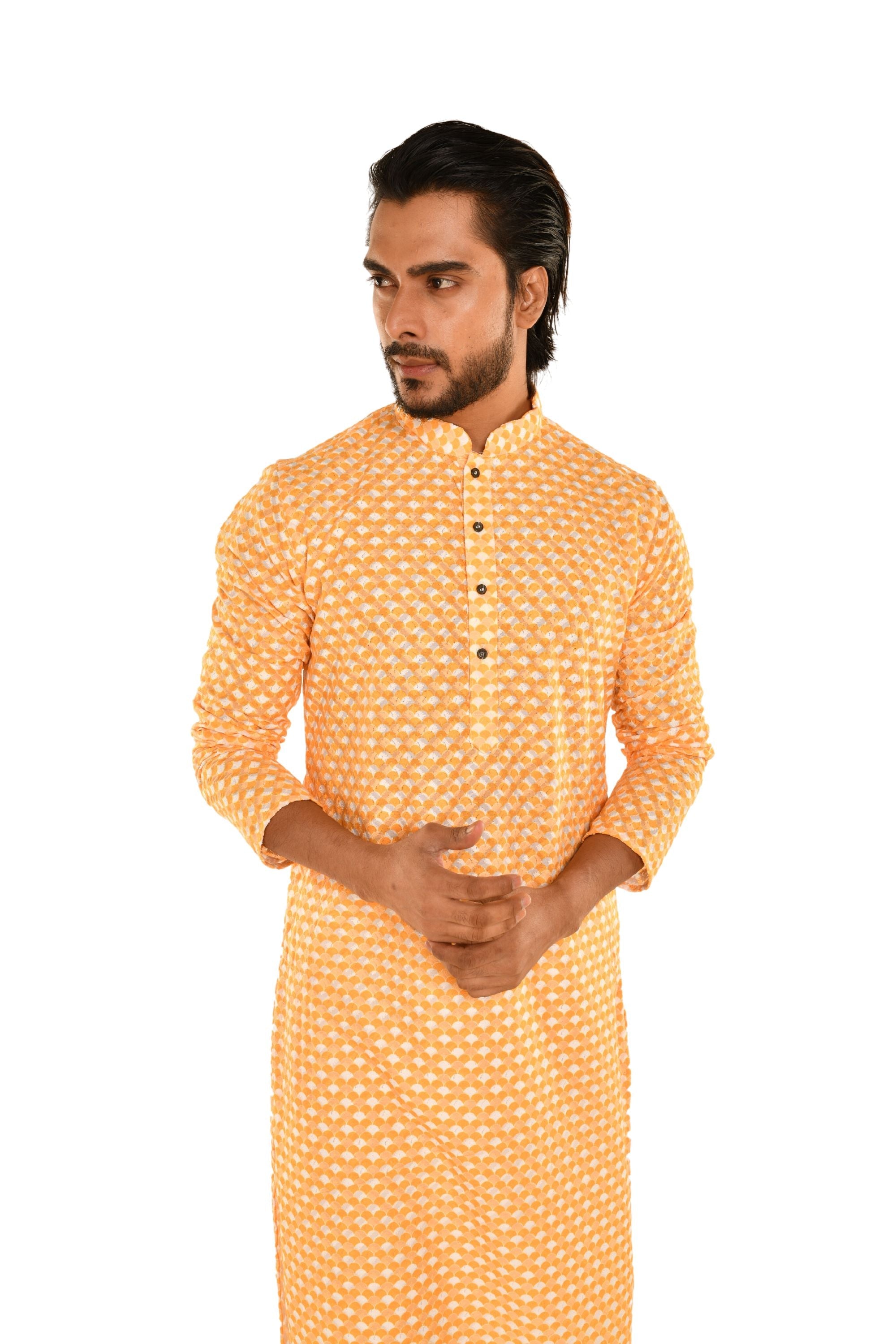 Men Coral Chikankari Kurta Yellow