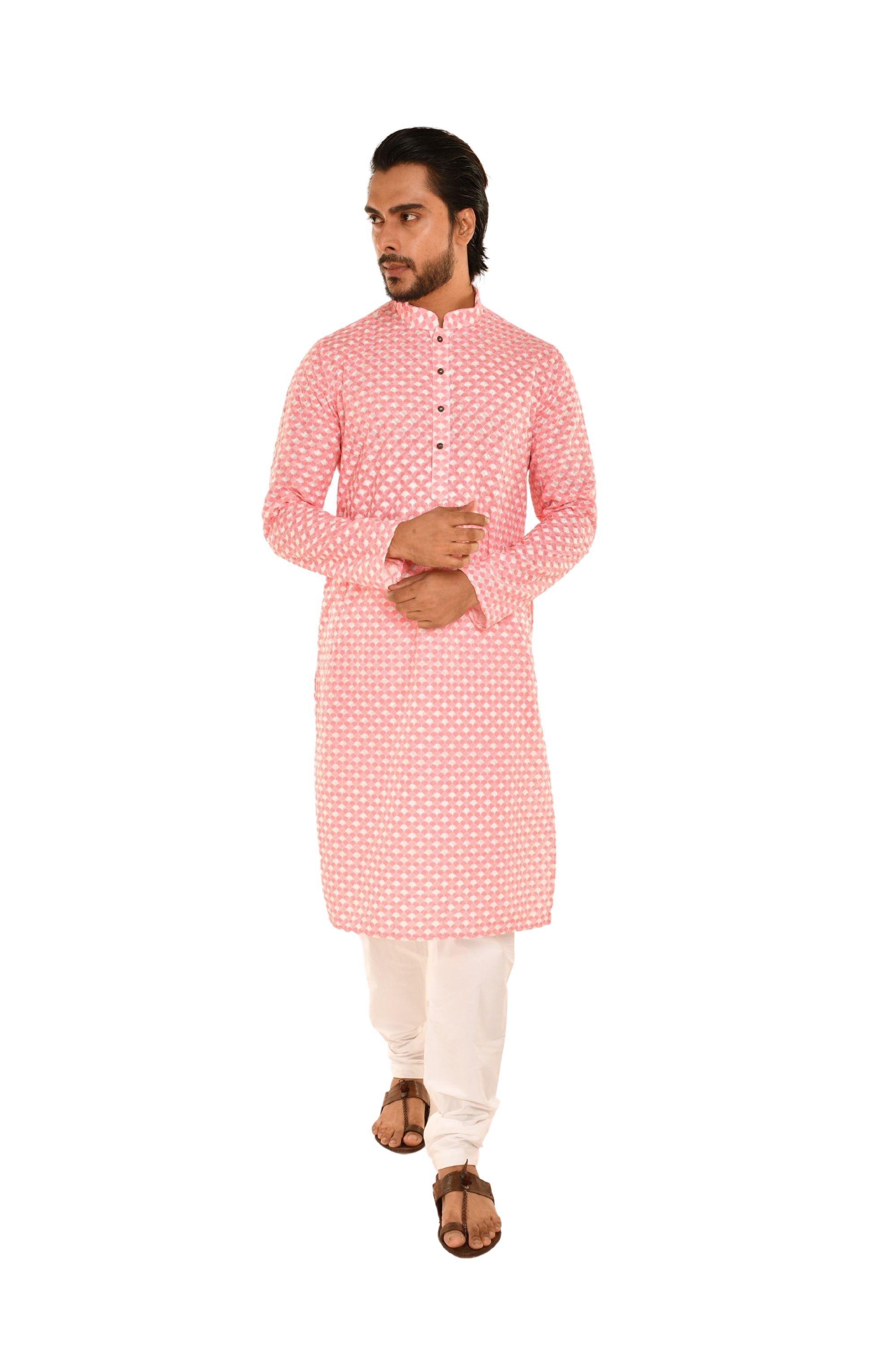 Men Coral Chikankari Kurta Pink