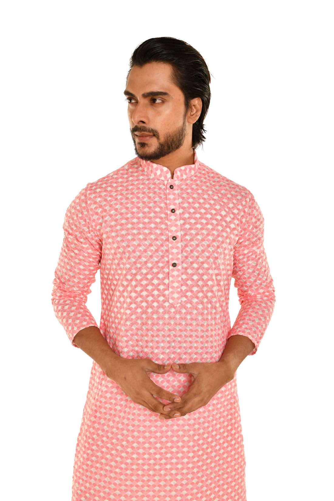Men Coral Chikankari Kurta Pink