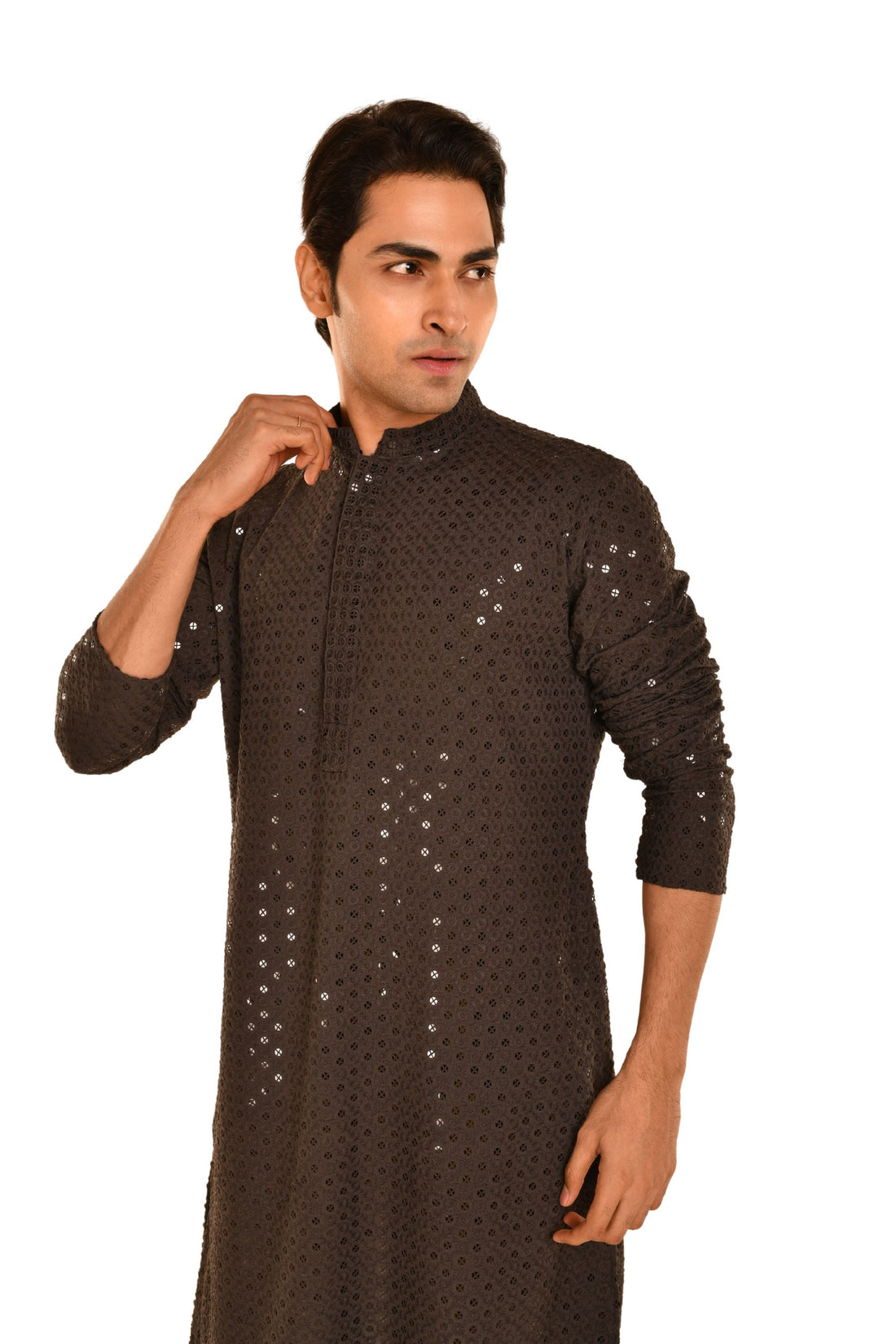 Men Embroidered and Seqence Chikankari Kurta Grey