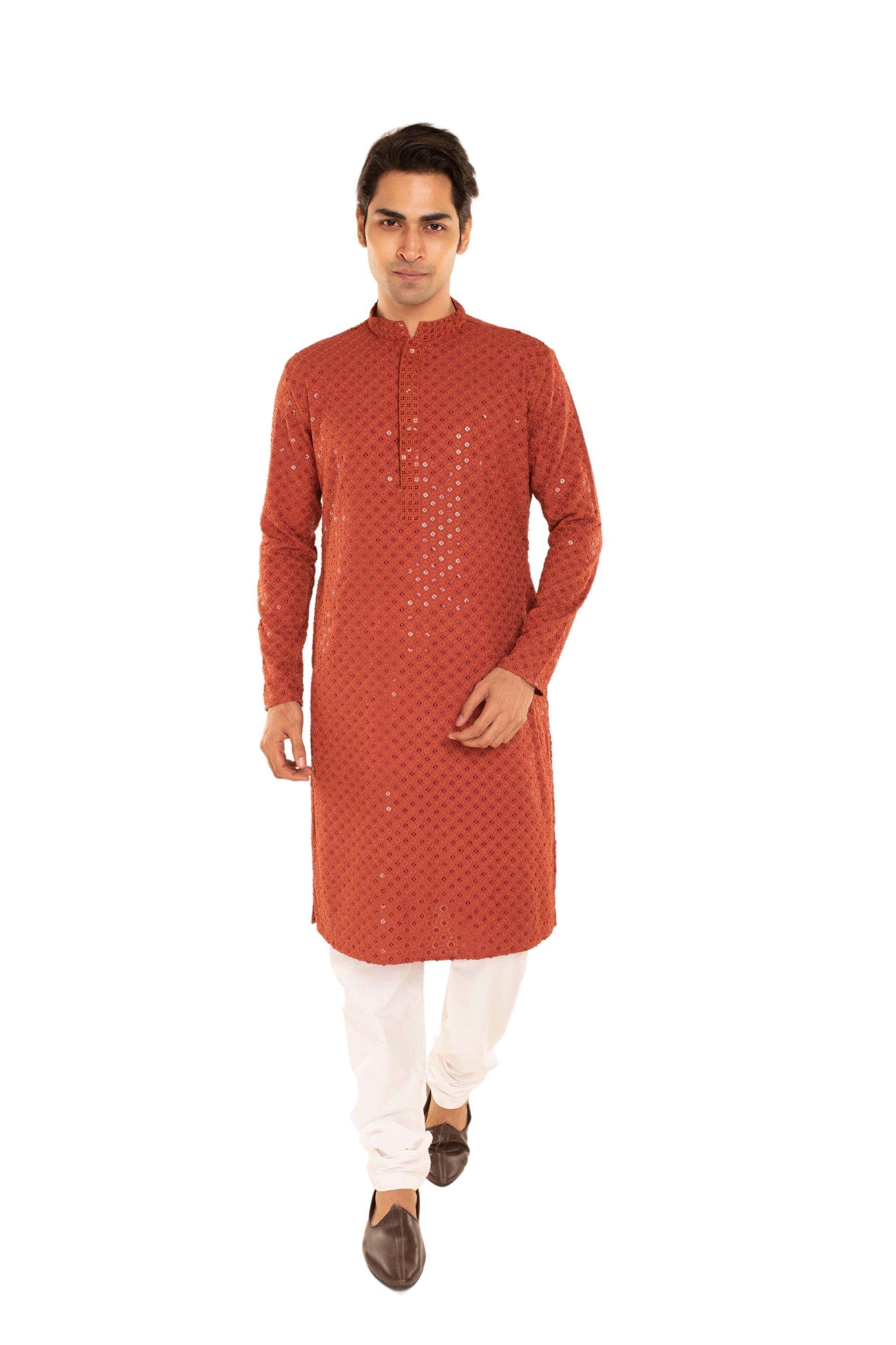 Men Embroidered and Seqence Chikankari Kurta Rust