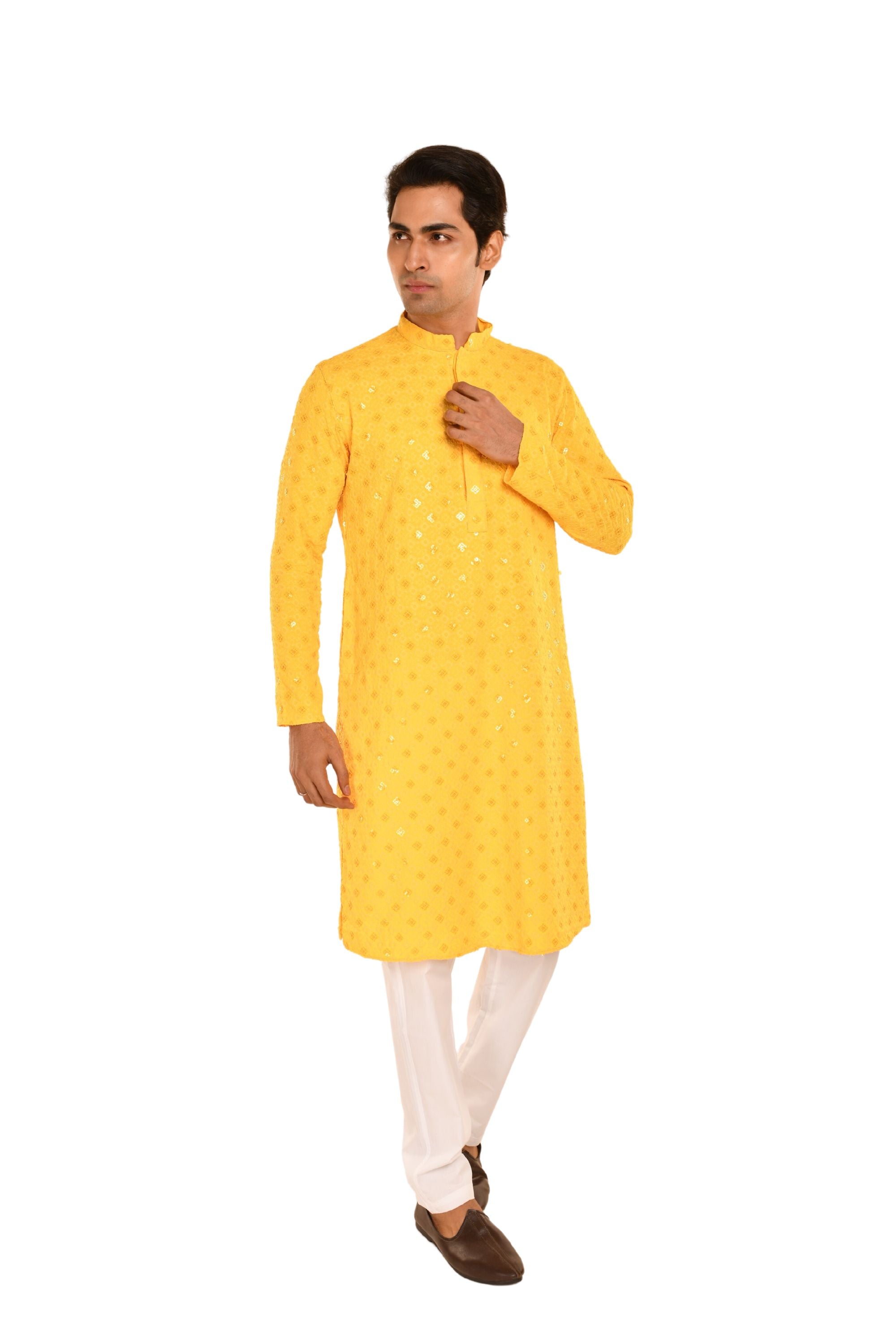 Men Jacquard Pattern Chikankari Kurta Yellow