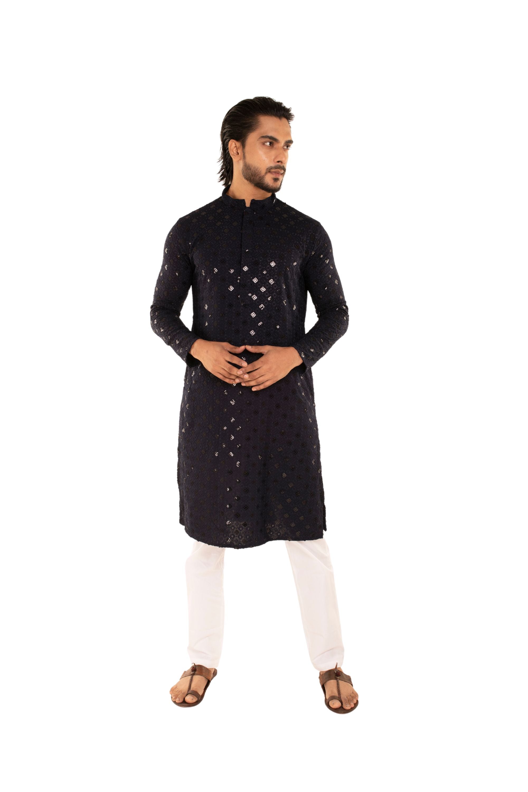 Men Jacquard Pattern Chikankari Kurta Black