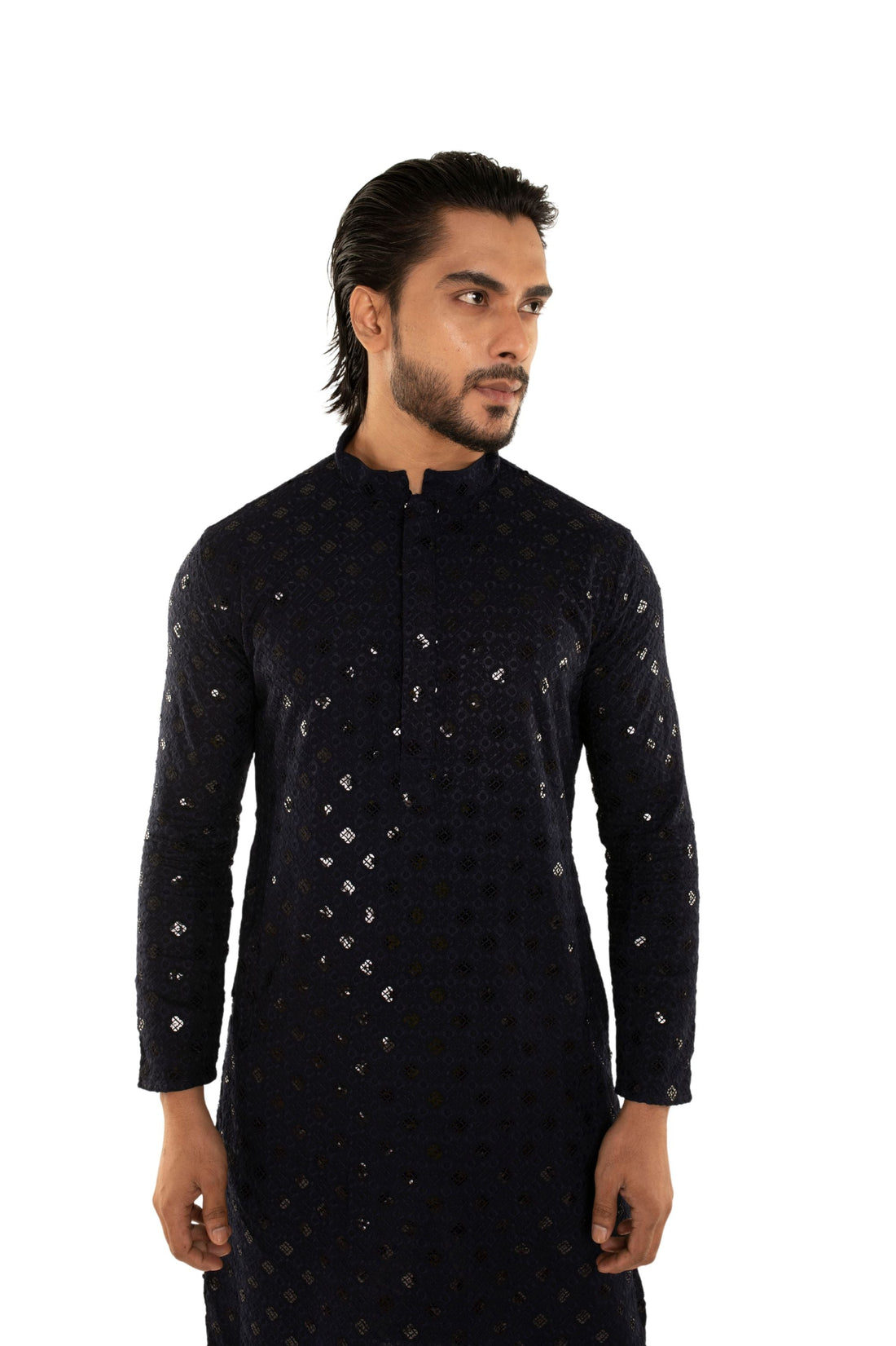 Men Jacquard Pattern Chikankari Kurta Black