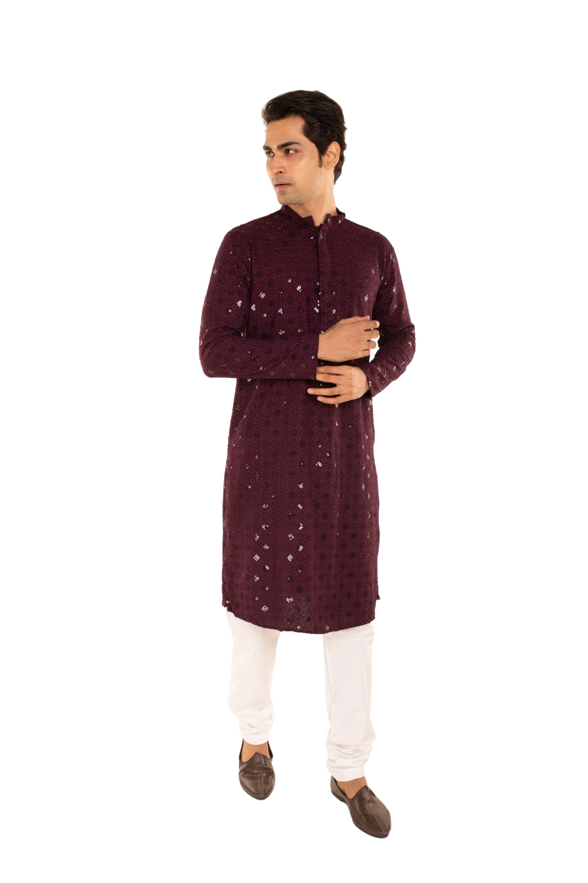 Men Jacquard Pattern Chikankari Kurta Purple