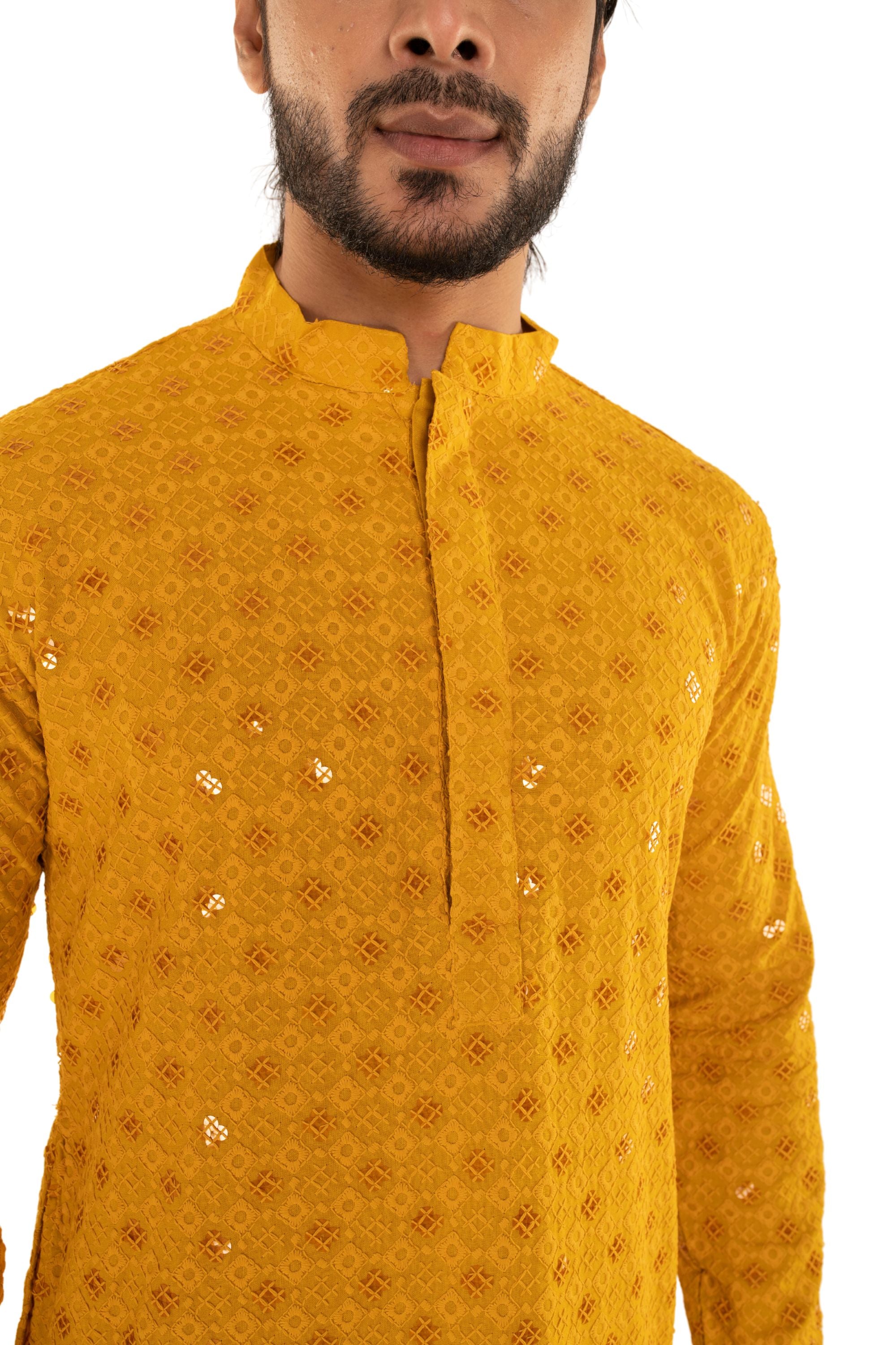 Men Jacquard Pattern Chikankari Kurta