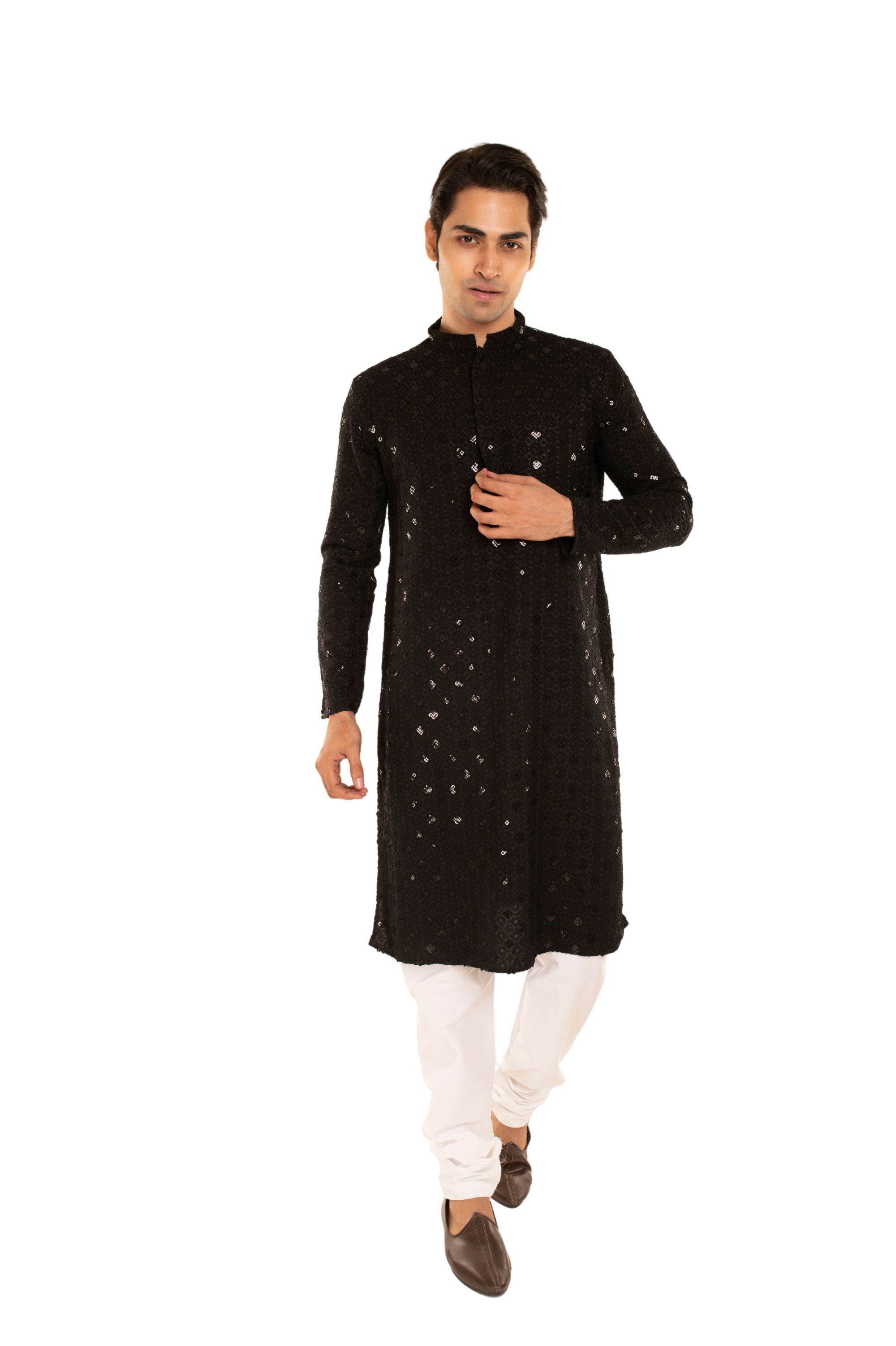 Men Jacquard Pattern Chikankari Kurta Navy Blue