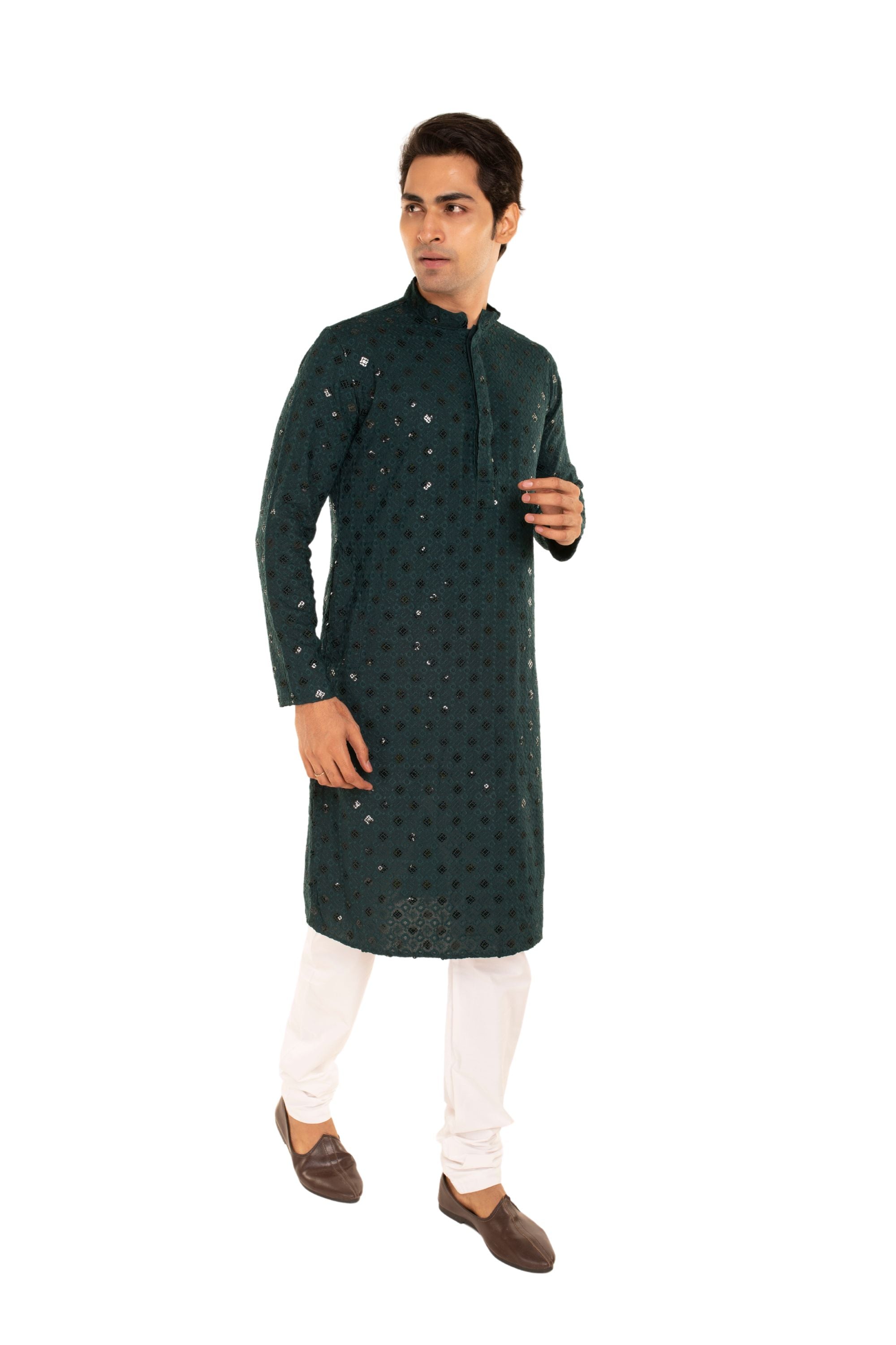 Men Jacquard Pattern Chikankari Kurta Bottle Green