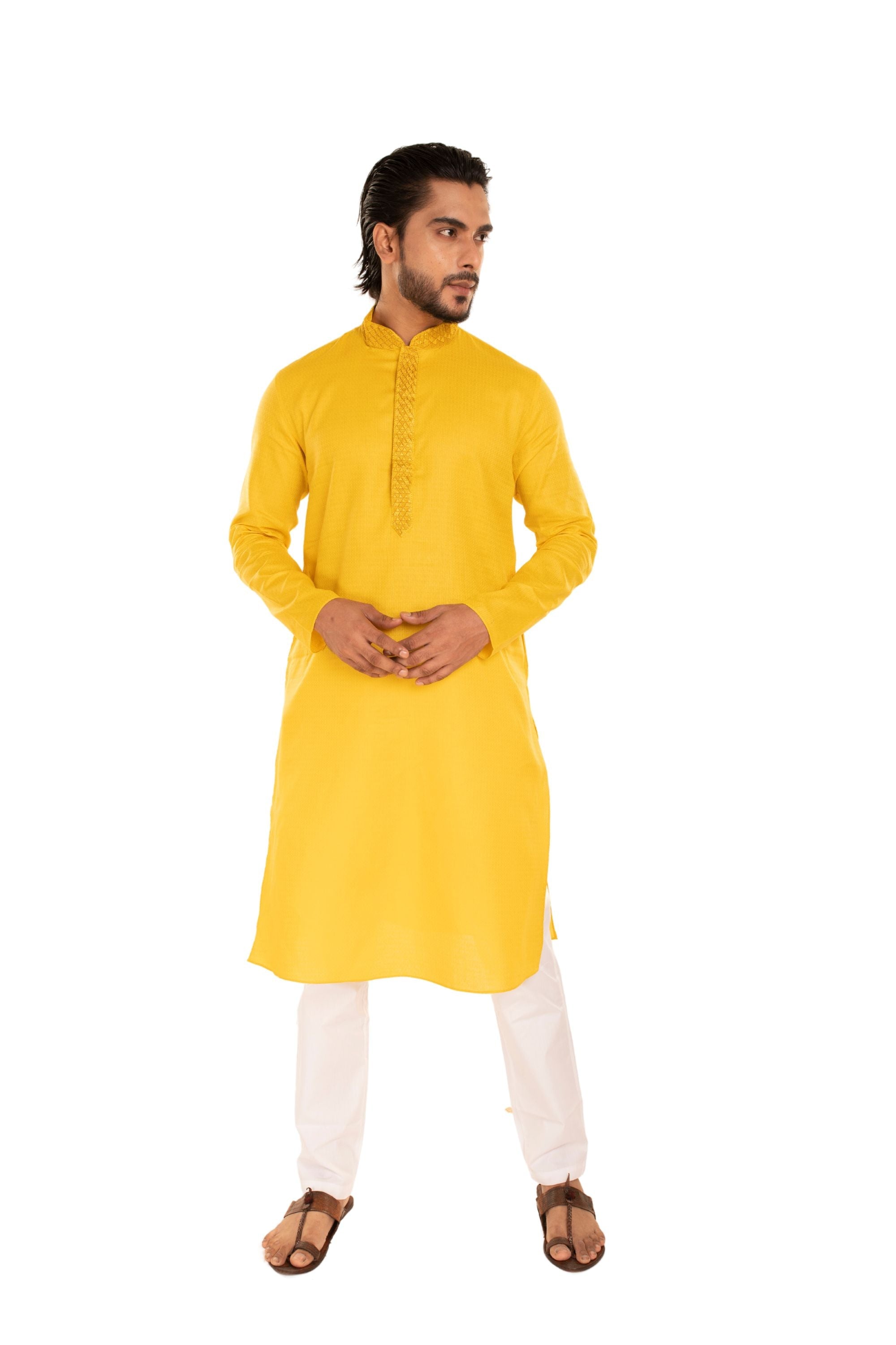 Self Designed Kurta with Neck Embroidery Mustard