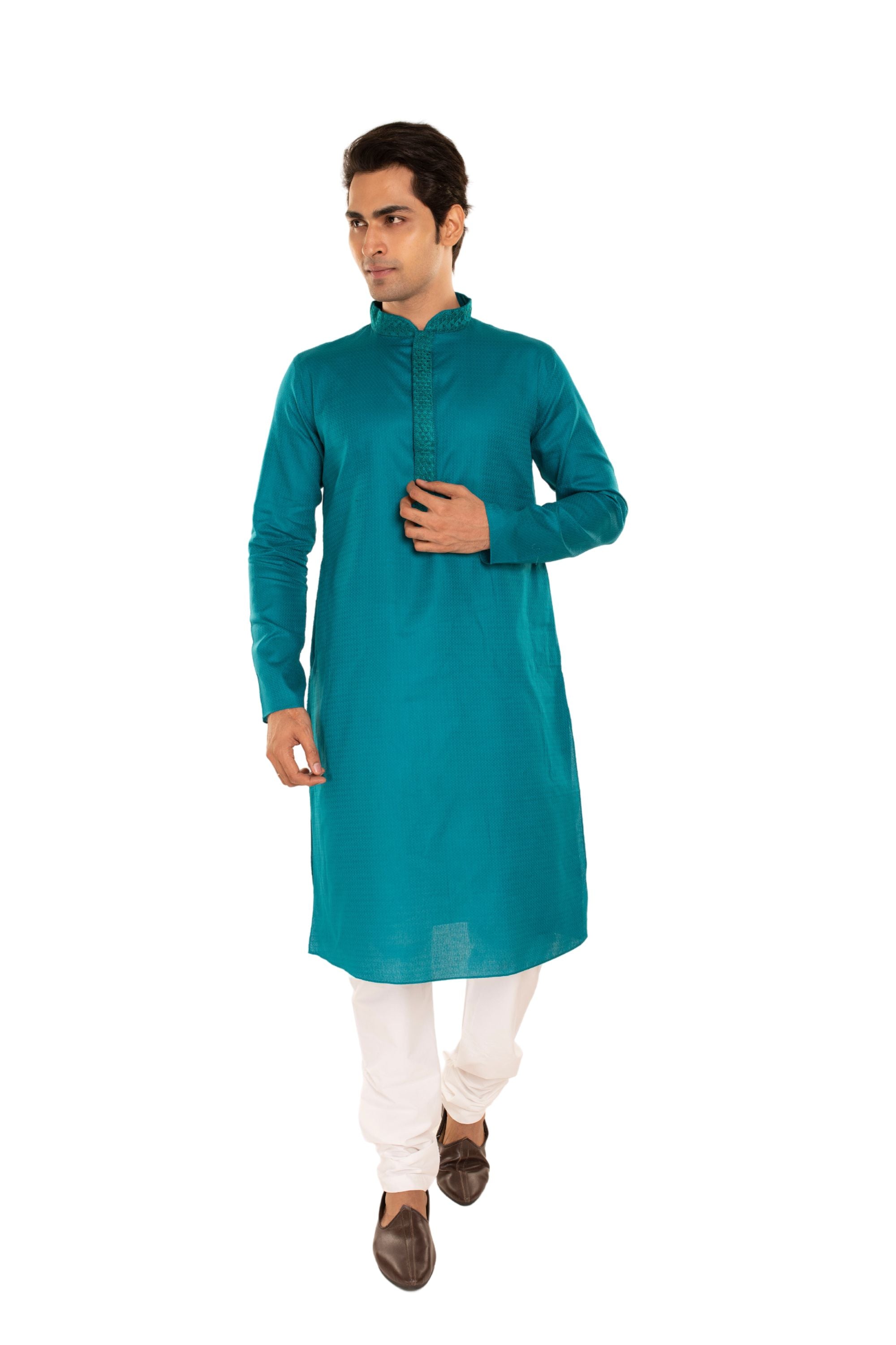 Self Designed Kurta with Neck Embroidery Rama Green