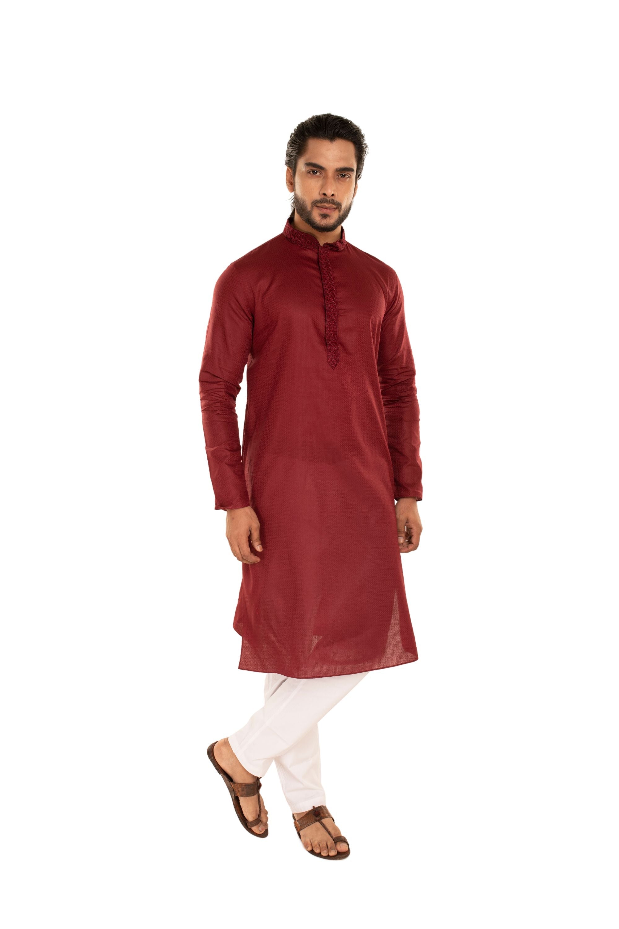 Self Designed Kurta with Neck Embroidery Maroon