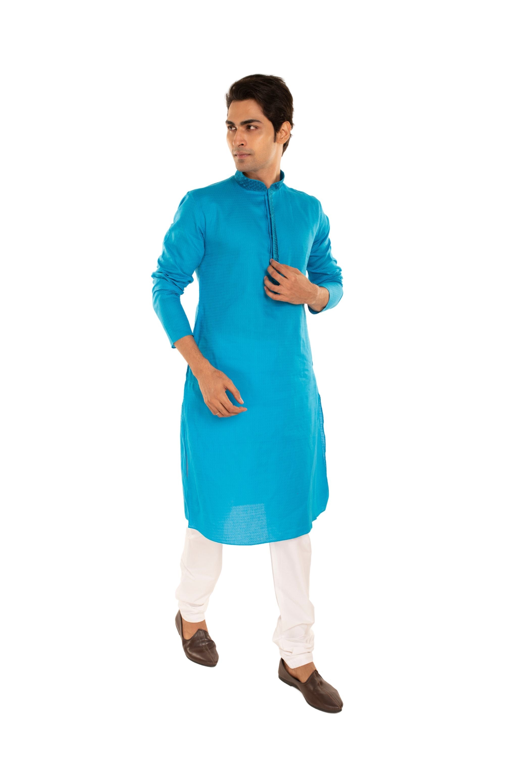 Self Designed Kurta with Neck Embroidery Blue