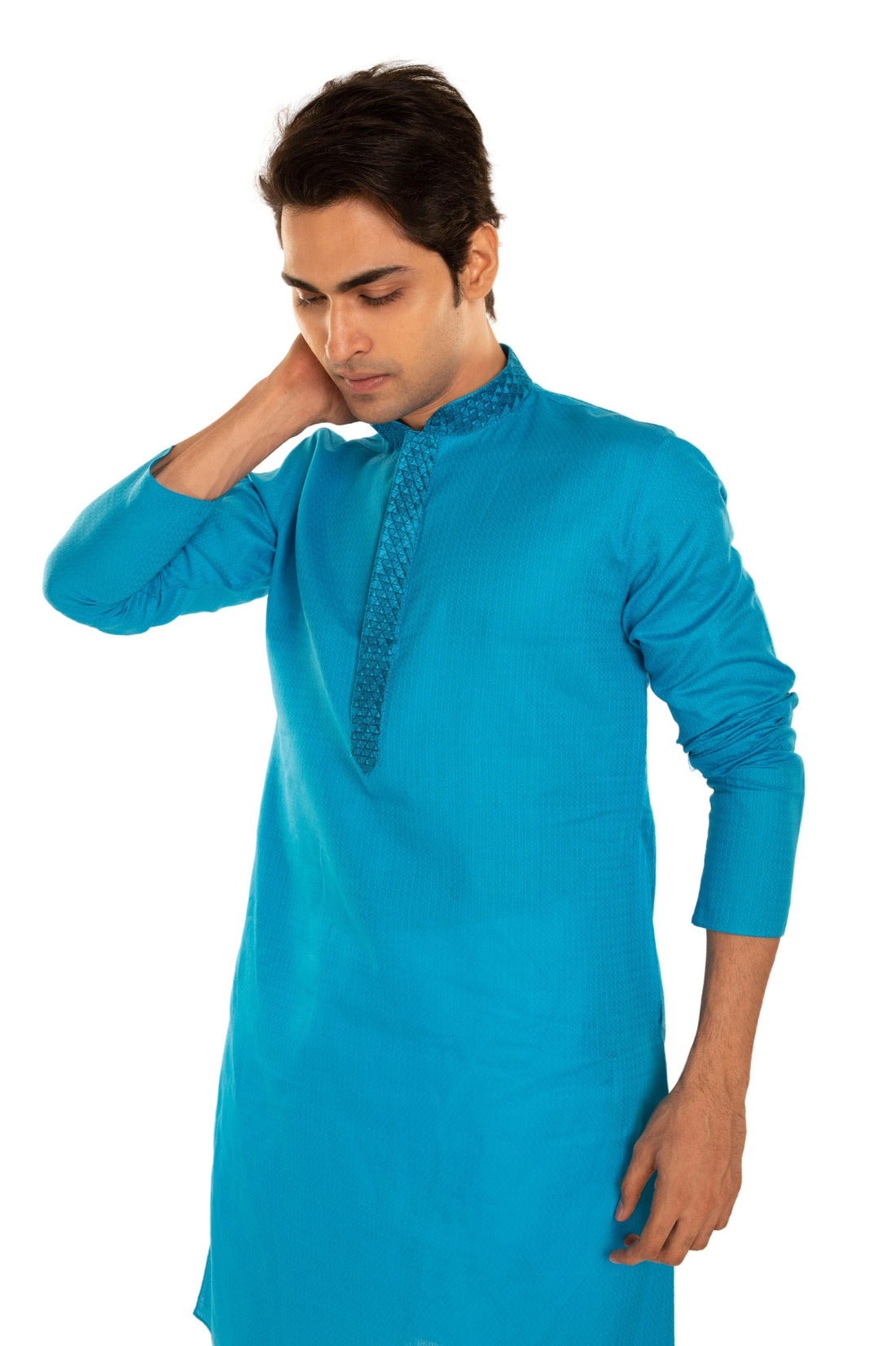 Self Designed Kurta with Neck Embroidery Blue