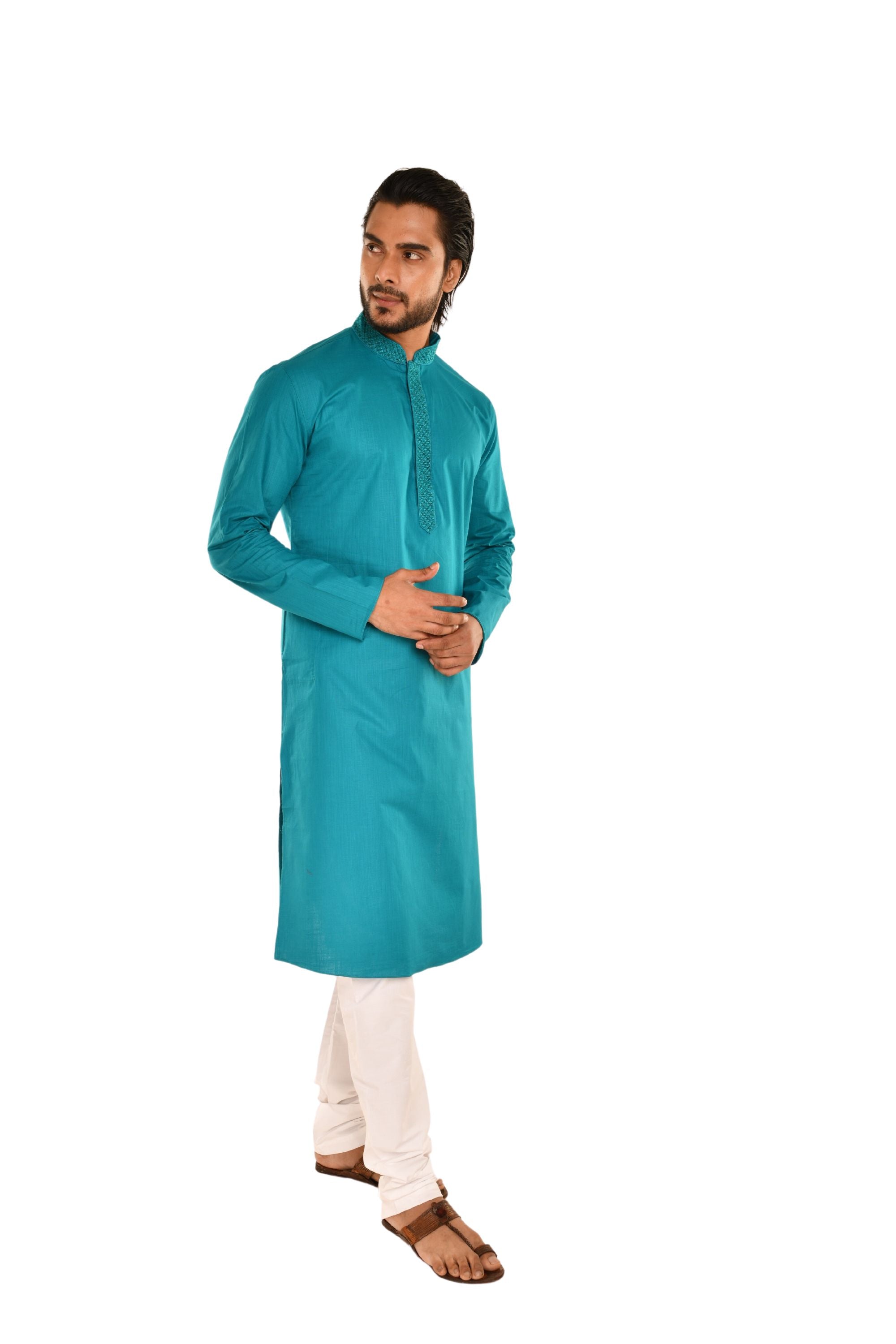 Neck Embroidered Pure Cotton Kurta Rama Green