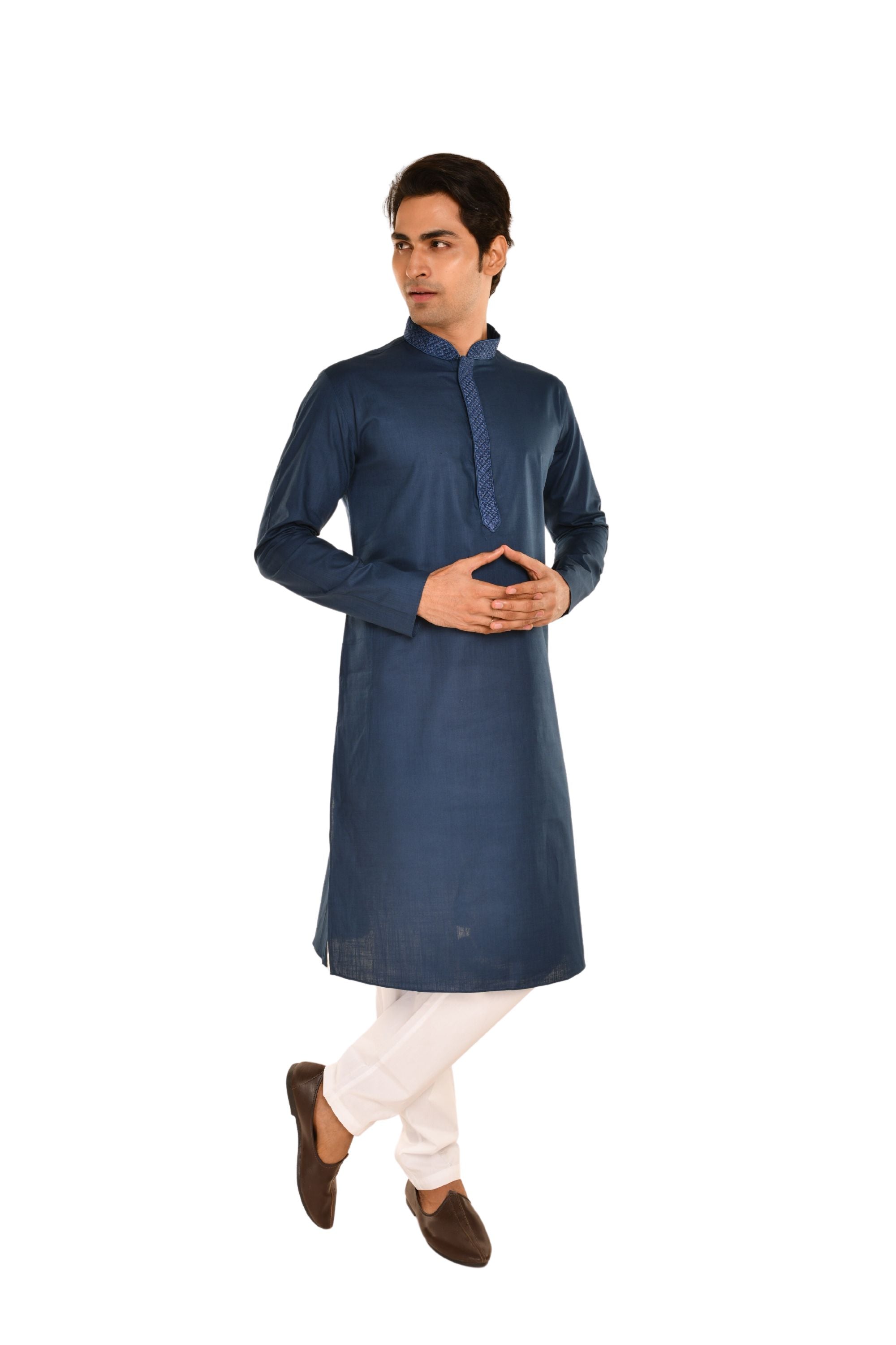 Neck Embroidered Pure Cotton Kurta Navy Blue