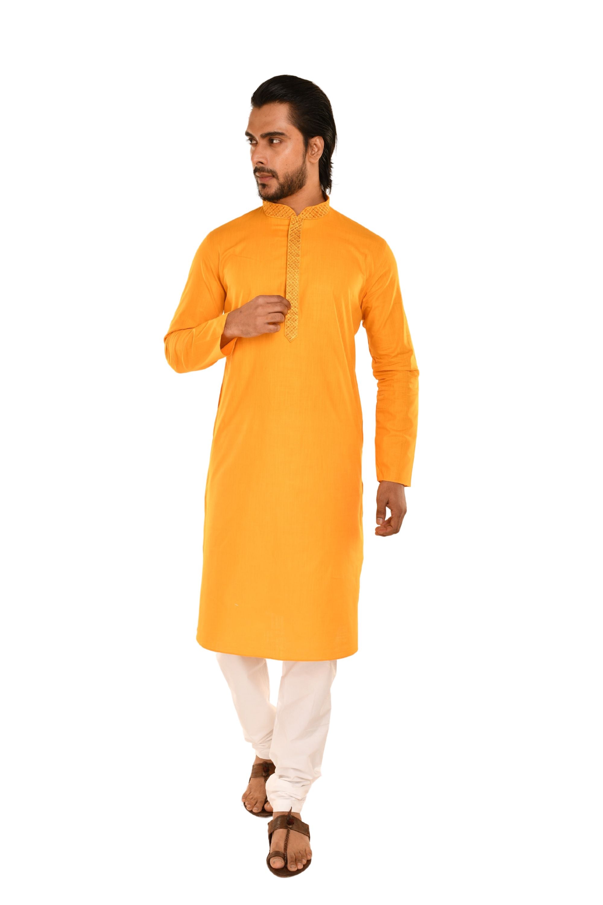 Neck Embroidered Pure Cotton Kurta Mustard