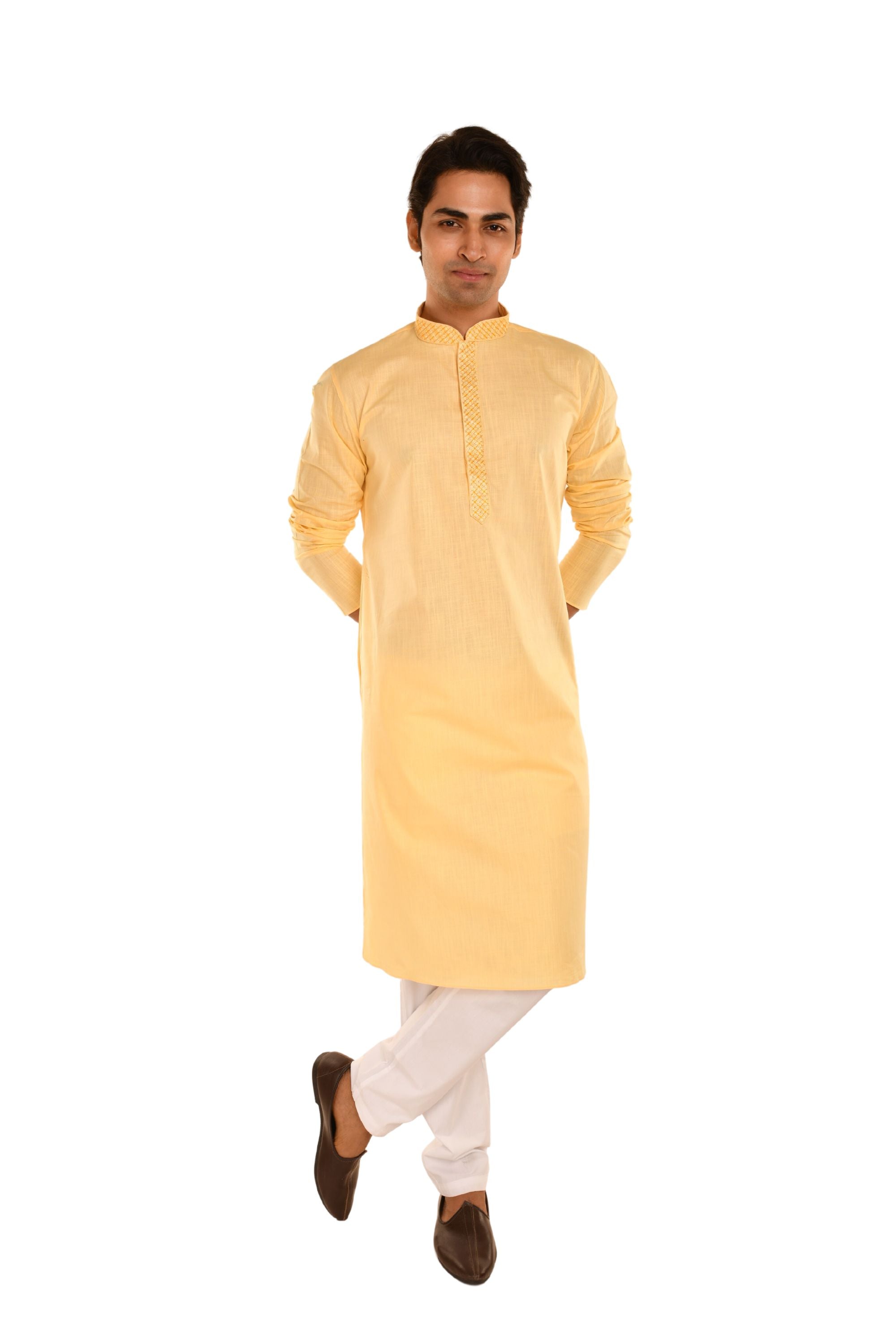 Neck Embroidered Pure Cotton Kurta Lemon