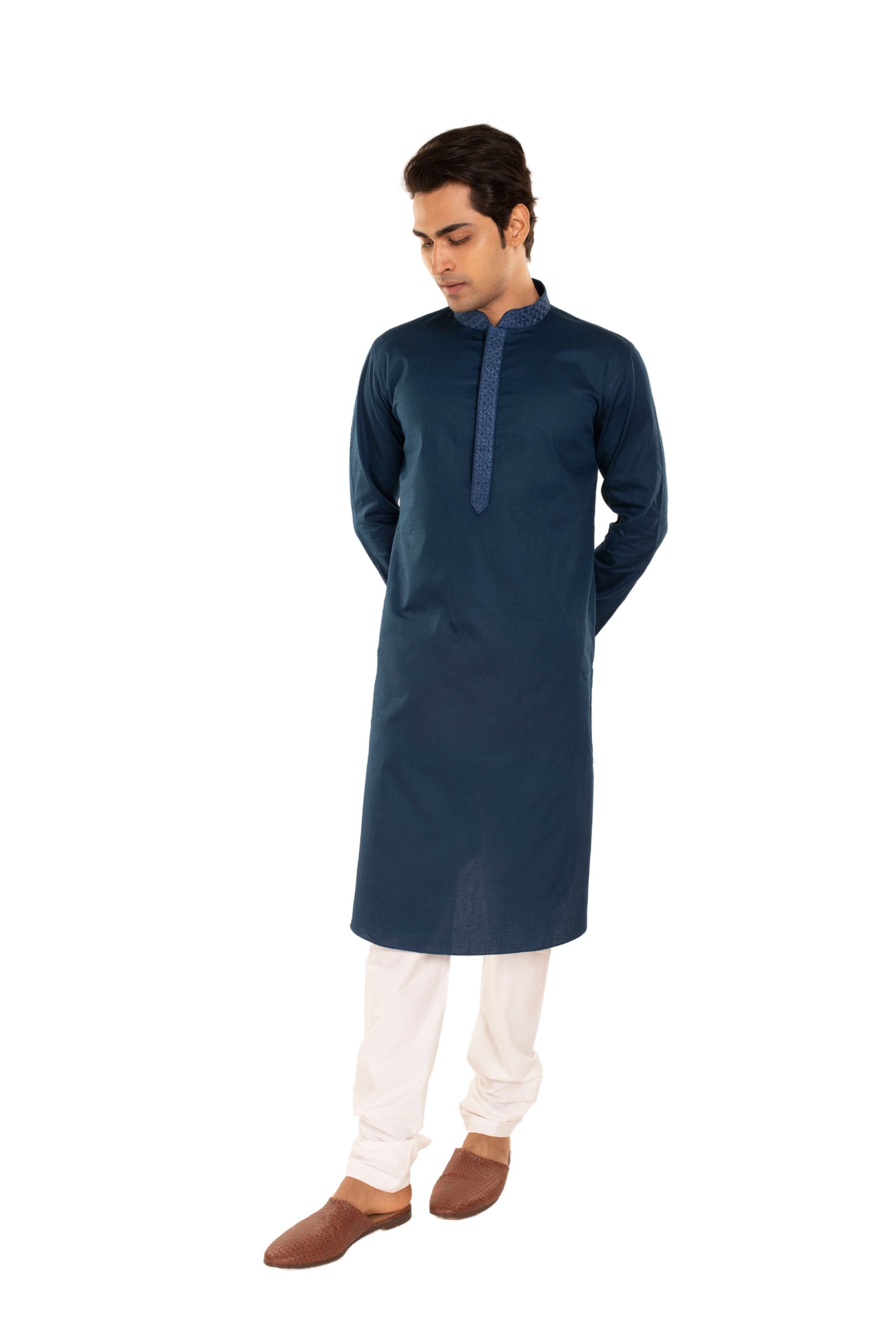 Self Designed Kurta with Embroidery around the Placket Navy Blue