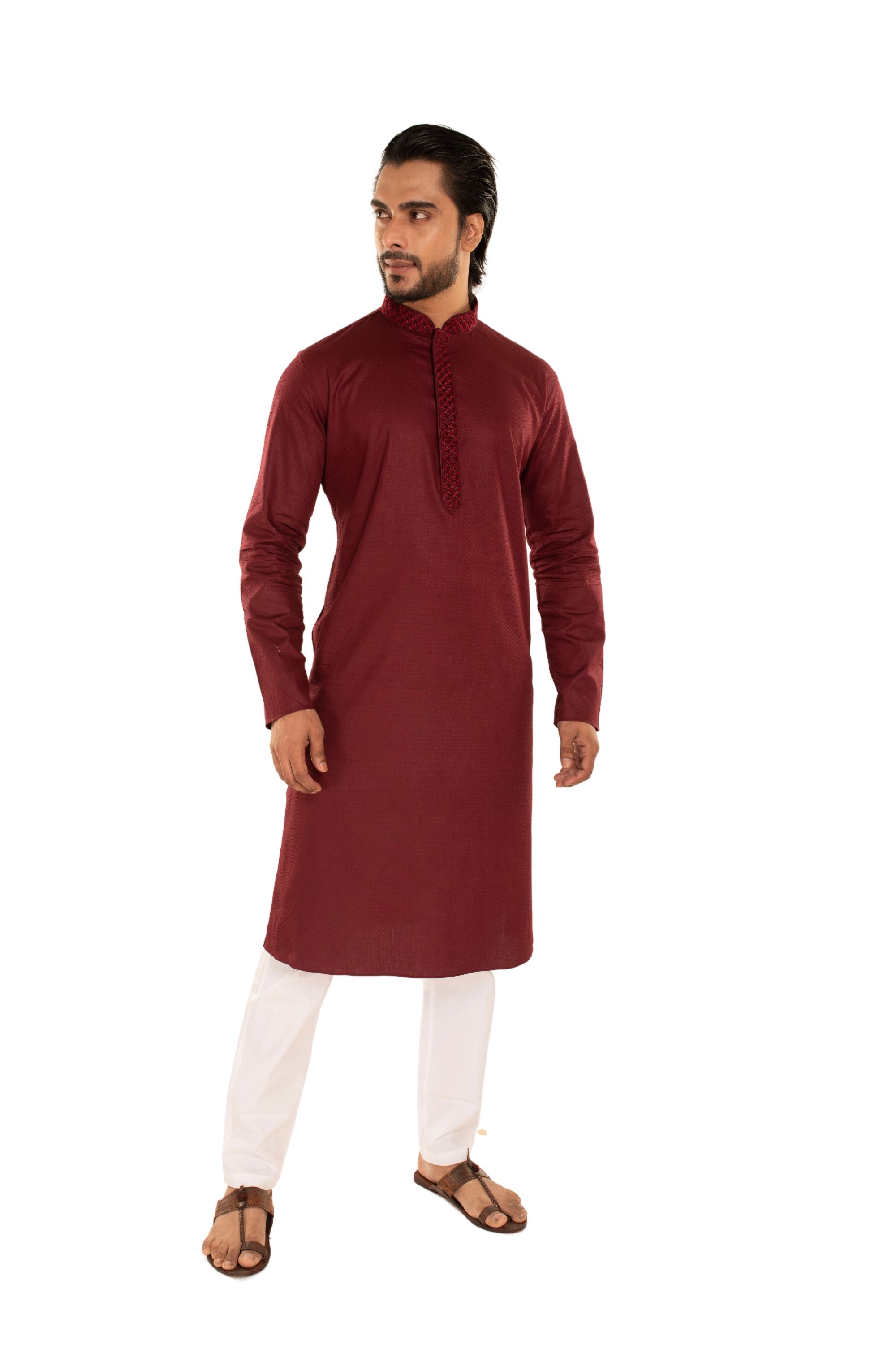 Self Designed Kurta with Embroidery around the Placket Maroon