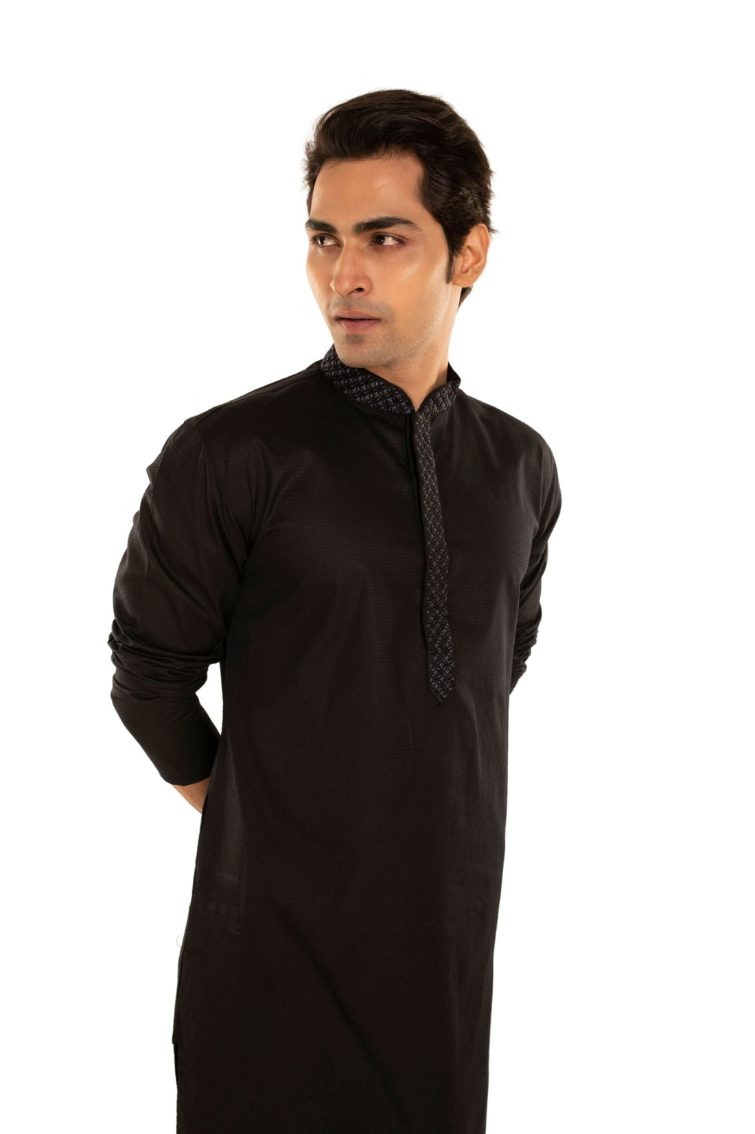 Self Designed Kurta with Embroidery around the Placket Black
