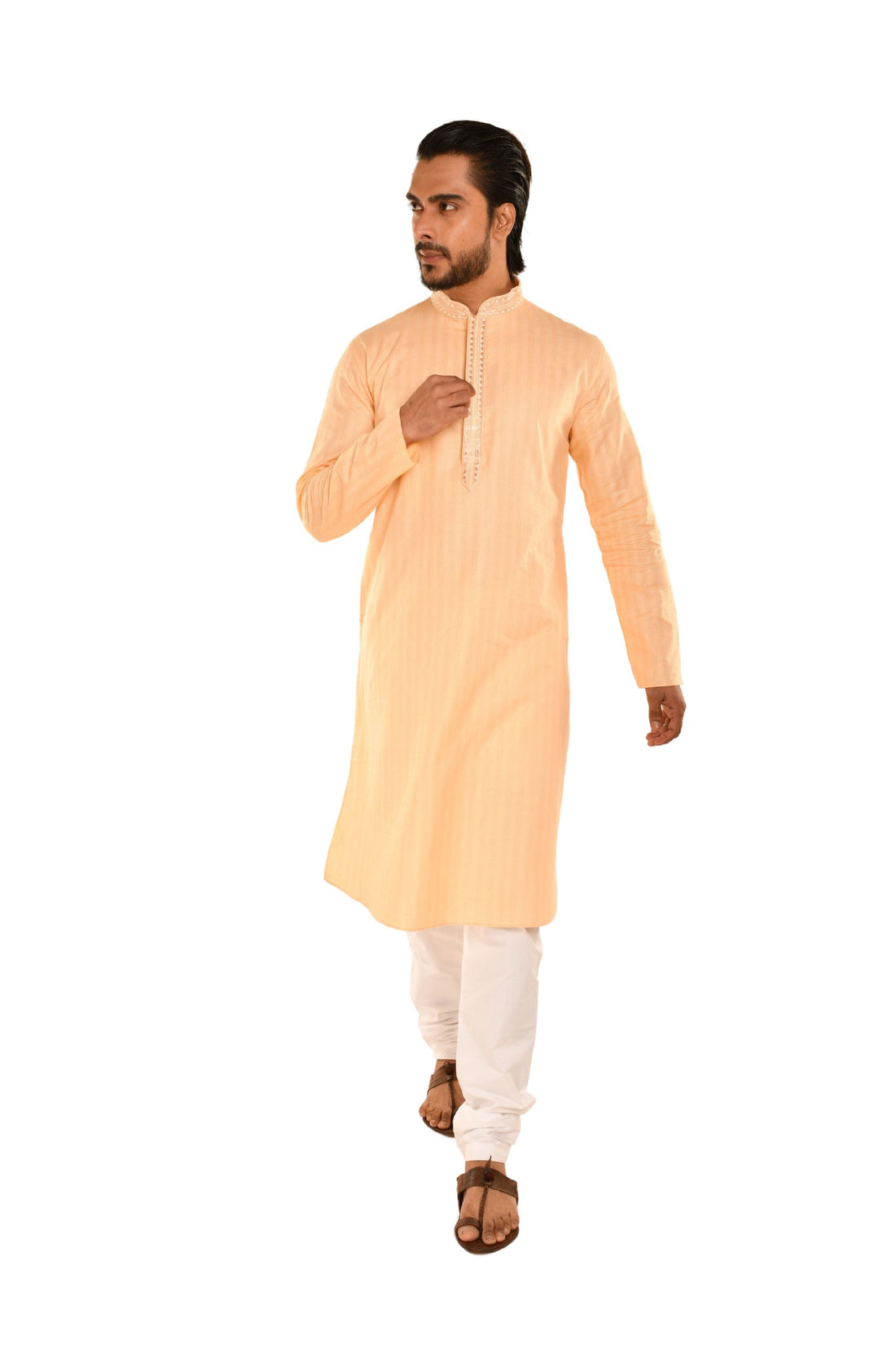 Cotton Embroidered Long Kurta Peach