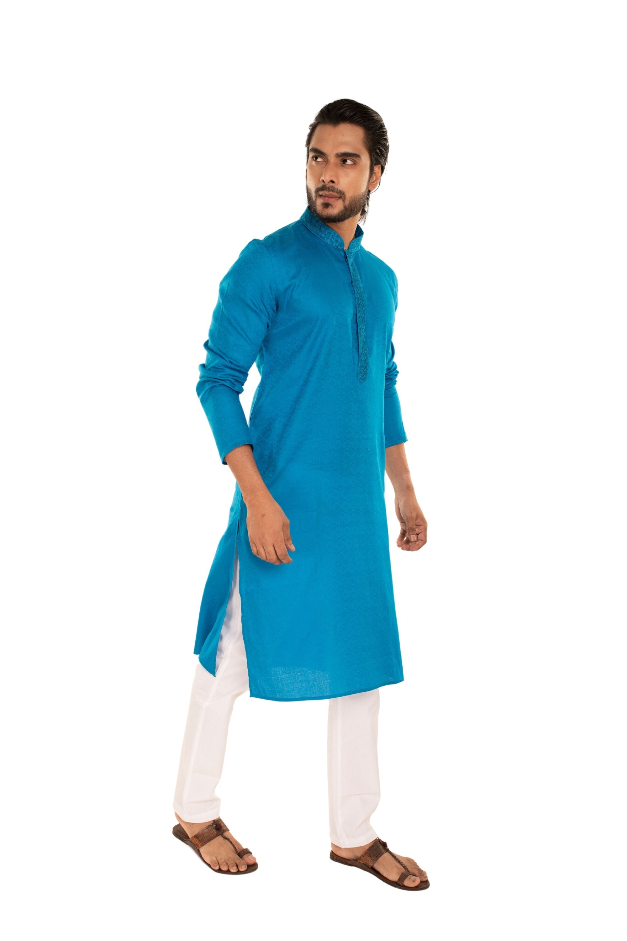 Self Designed Woven Embroidered Long Kurta Firoza Blue