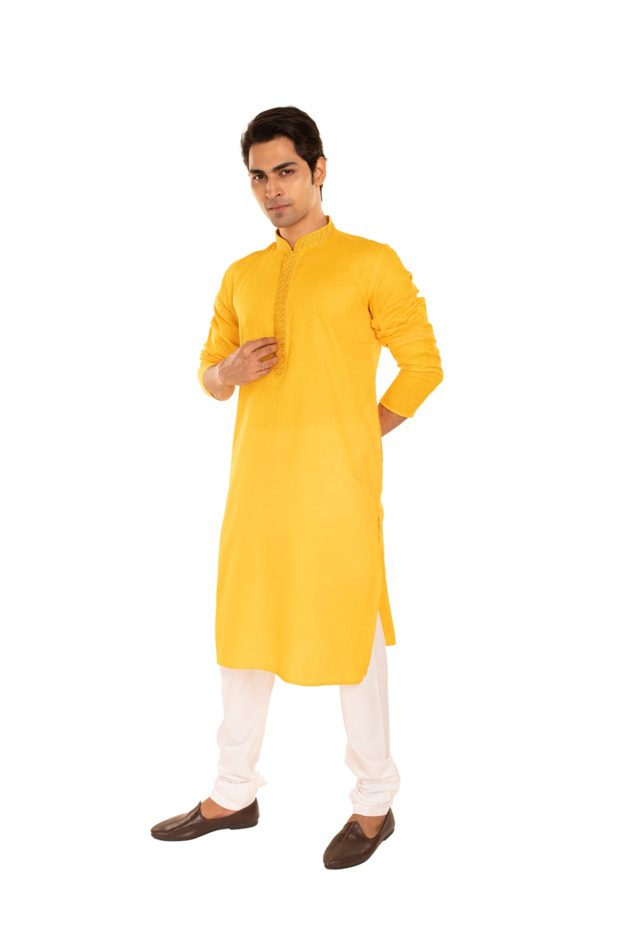 Self Designed Woven Embroidered Long Kurta Yellow