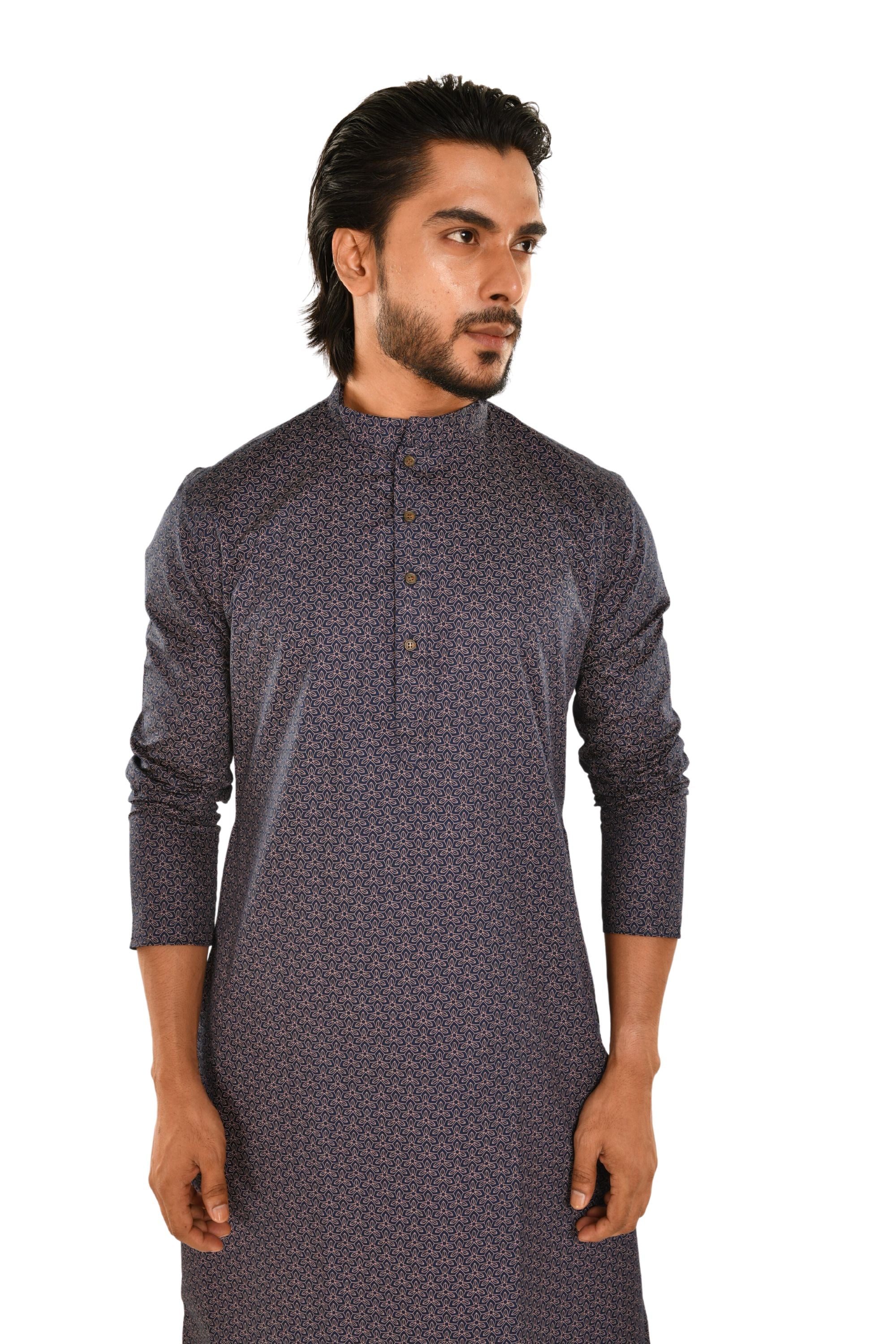 Navy Blue Digital Printed Cotton Kurta