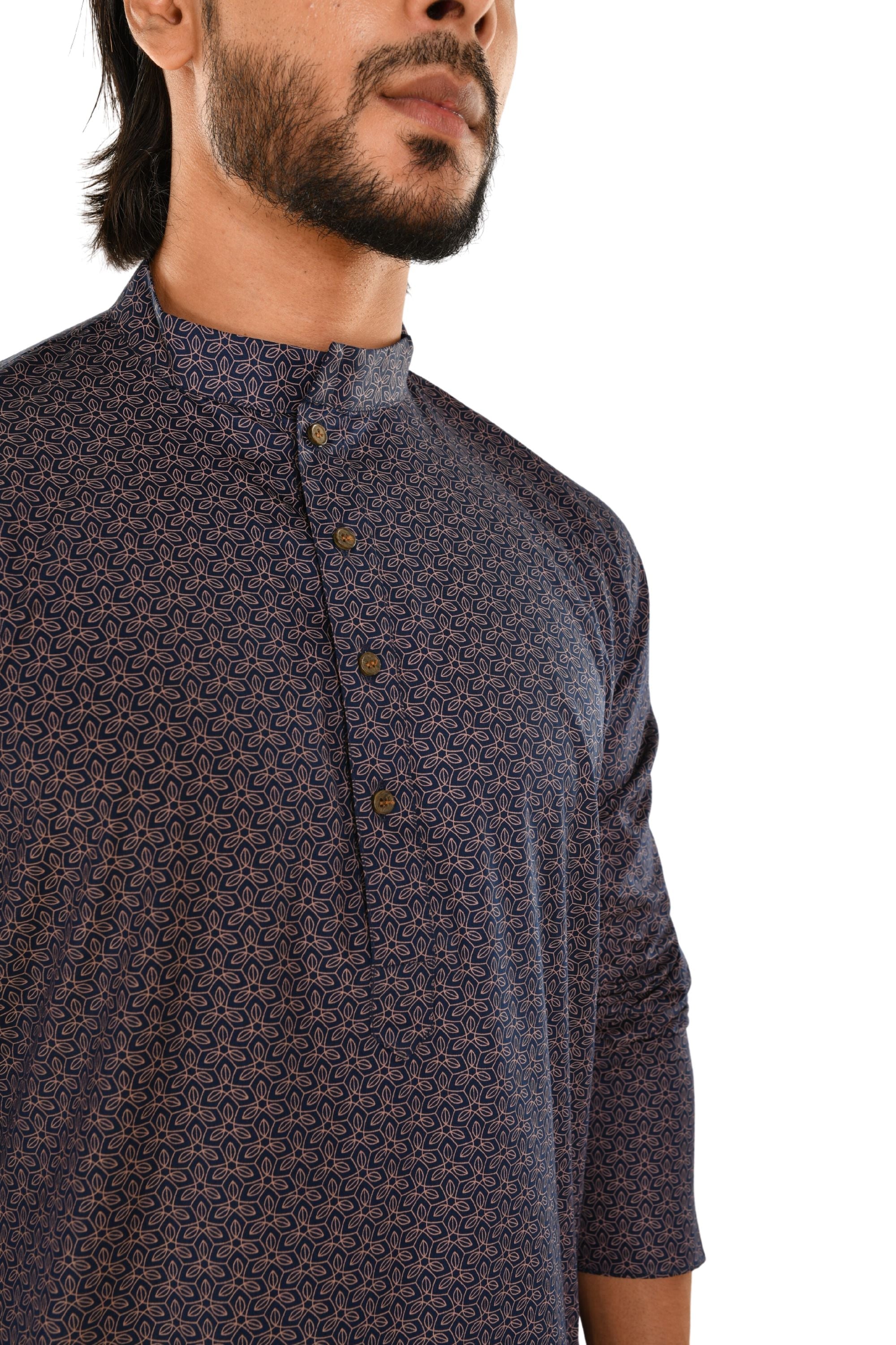 Navy Blue Digital Printed Cotton Kurta